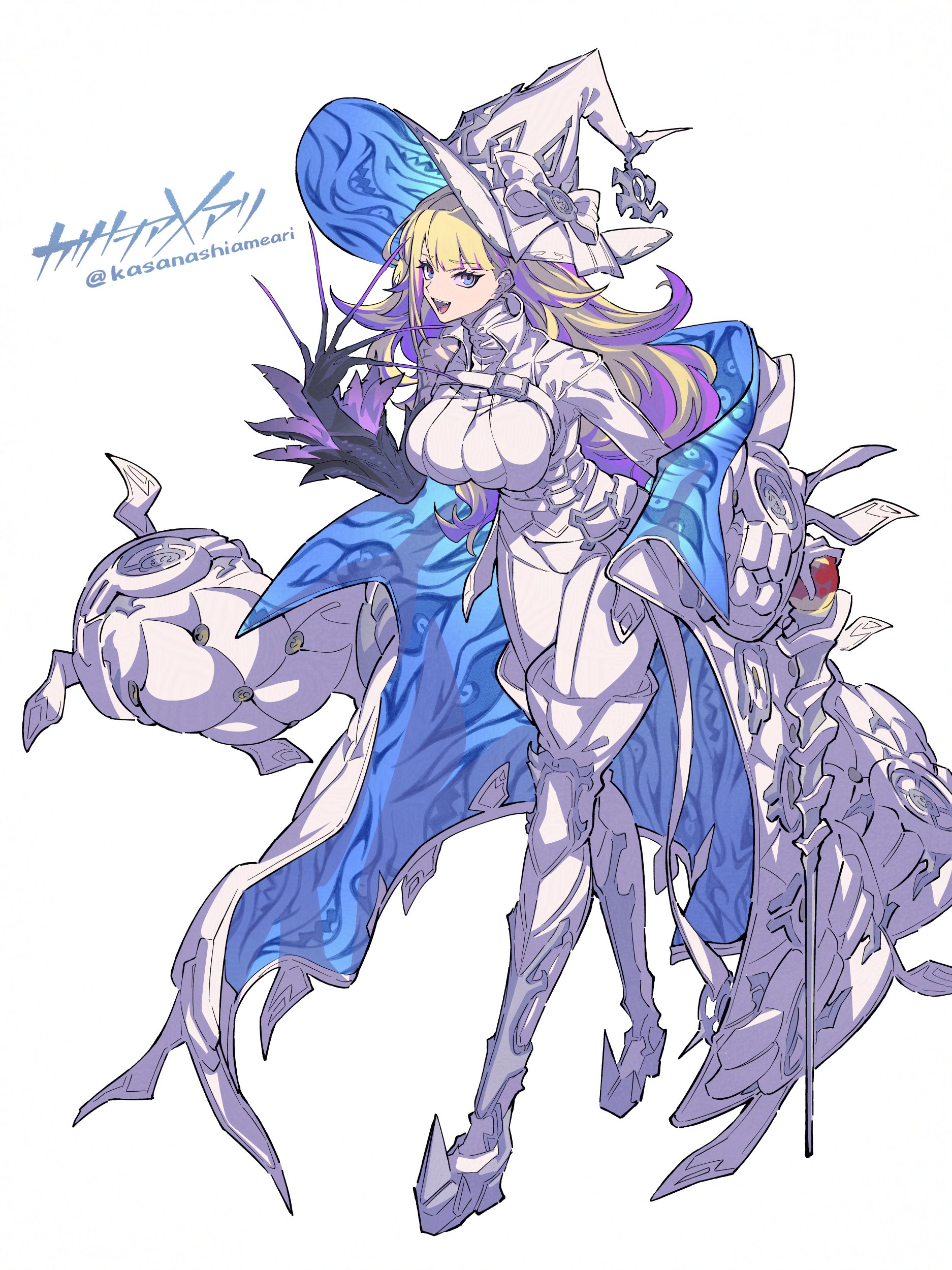 kasanashiameari, diabellze the original sinkeeper, yu-gi-oh!, absurdres, commentary request, highres, 1girl, blonde hair, blue eyes, bodysuit, breasts, coat, duel monster, full body, hat, large breasts, multicolored hair, purple hair, simple background, solo, two-tone hair, unworn coat, white background, white bodysuit, white coat, white hat, witch hat