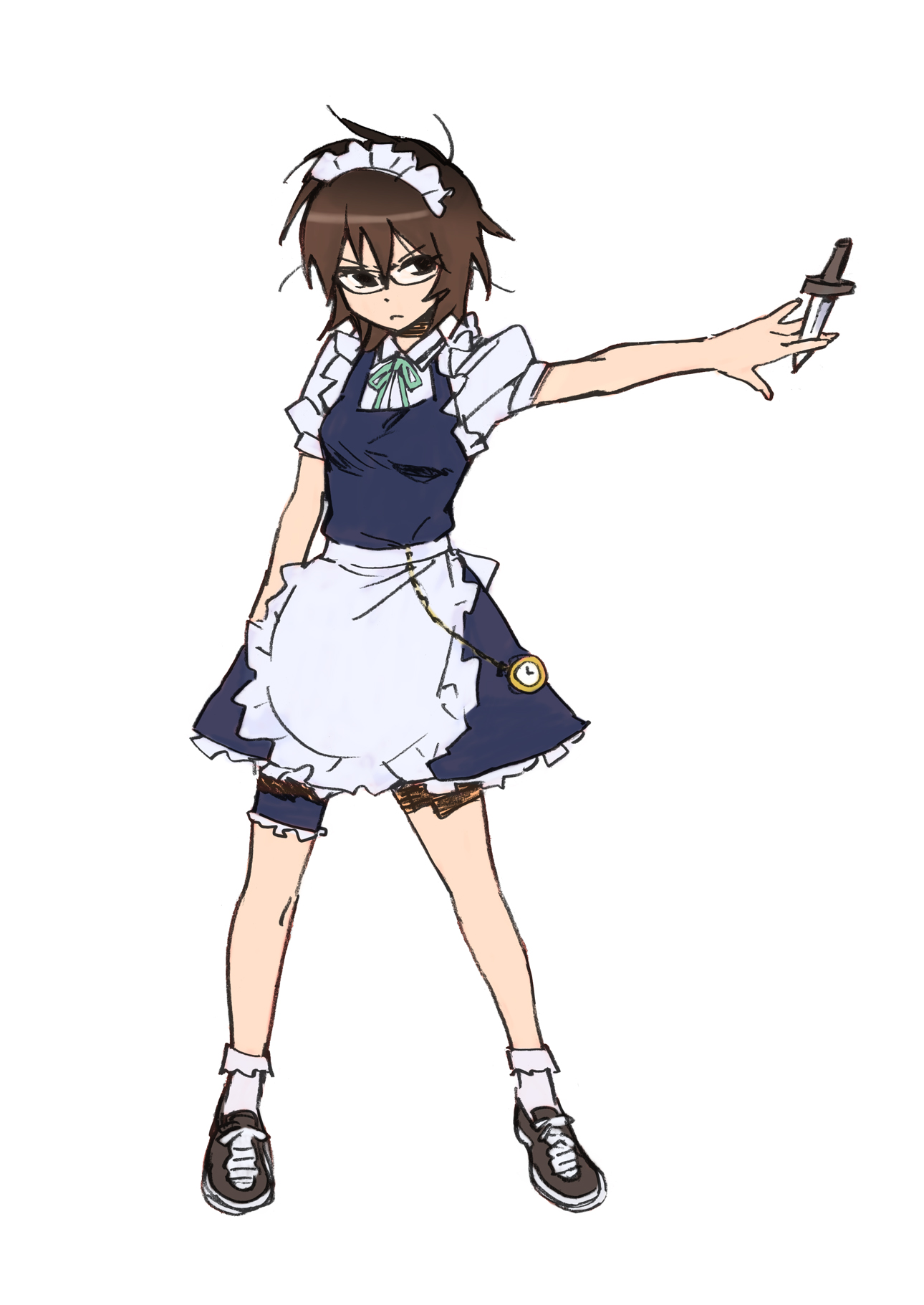 katou haruaki, izayoi sakuya, kazamatsuri touma, hyakko, touhou, bad id, bad pixiv id, highres, official art, 1girl, brown hair, cosplay, female focus, glasses, izayoi sakuya (cosplay), knife, maid headdress, short hair, solo, throwing knife, weapon