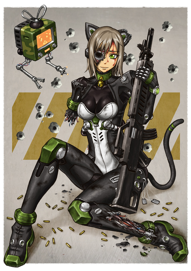 tony (chikaku kabin), original, 1girl, amputee, android, animal ears, blood, brown hair, bullet, cat ears, cat tail, damaged, female focus, green eyes, gun, mechabare, short hair, sitting, solo, tail, weapon