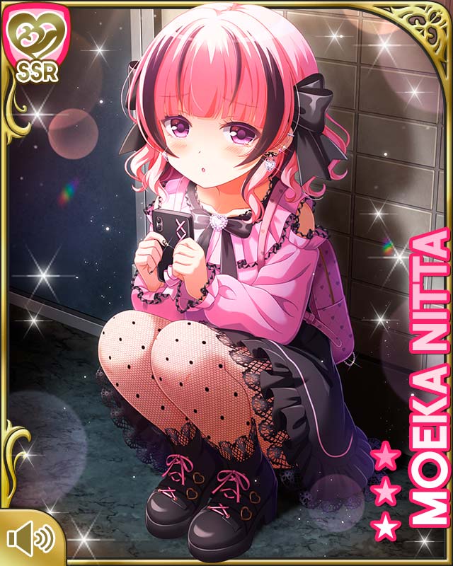 qp:flapper, nitta moeka, girlfriend (kari), official art, 1girl, :o, backpack, bag, black bow, black dress, bow, character name, city, dress, mobile phone, open mouth, outdoors, pantyhose, pink hair, pink shirt, polka dot, polka dot pantyhose, purple eyes, shirt, short hair, sitting, solo, thighhighs