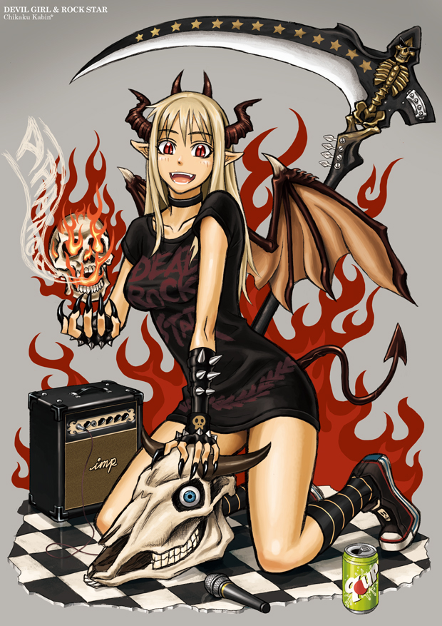 tony (chikaku kabin), original, amplifier, bat wings, blonde hair, demon girl, demon tail, fingernails, horns, kneeling, long fingernails, long hair, microphone, nail (hardware), pointy ears, red eyes, scythe, skull, solo, spikes, tail, wings