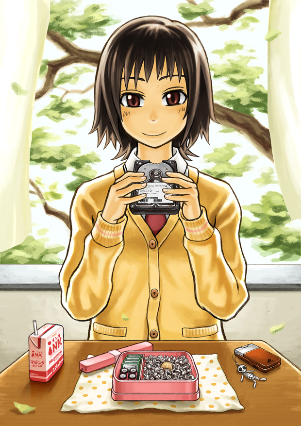 tony (chikaku kabin), original, 1girl, battery, bento, broken, brown hair, cardigan, cellphone, eating, female focus, hard drive, necktie, phone, red eyes, red necktie, school uniform, short hair, solo, what, window