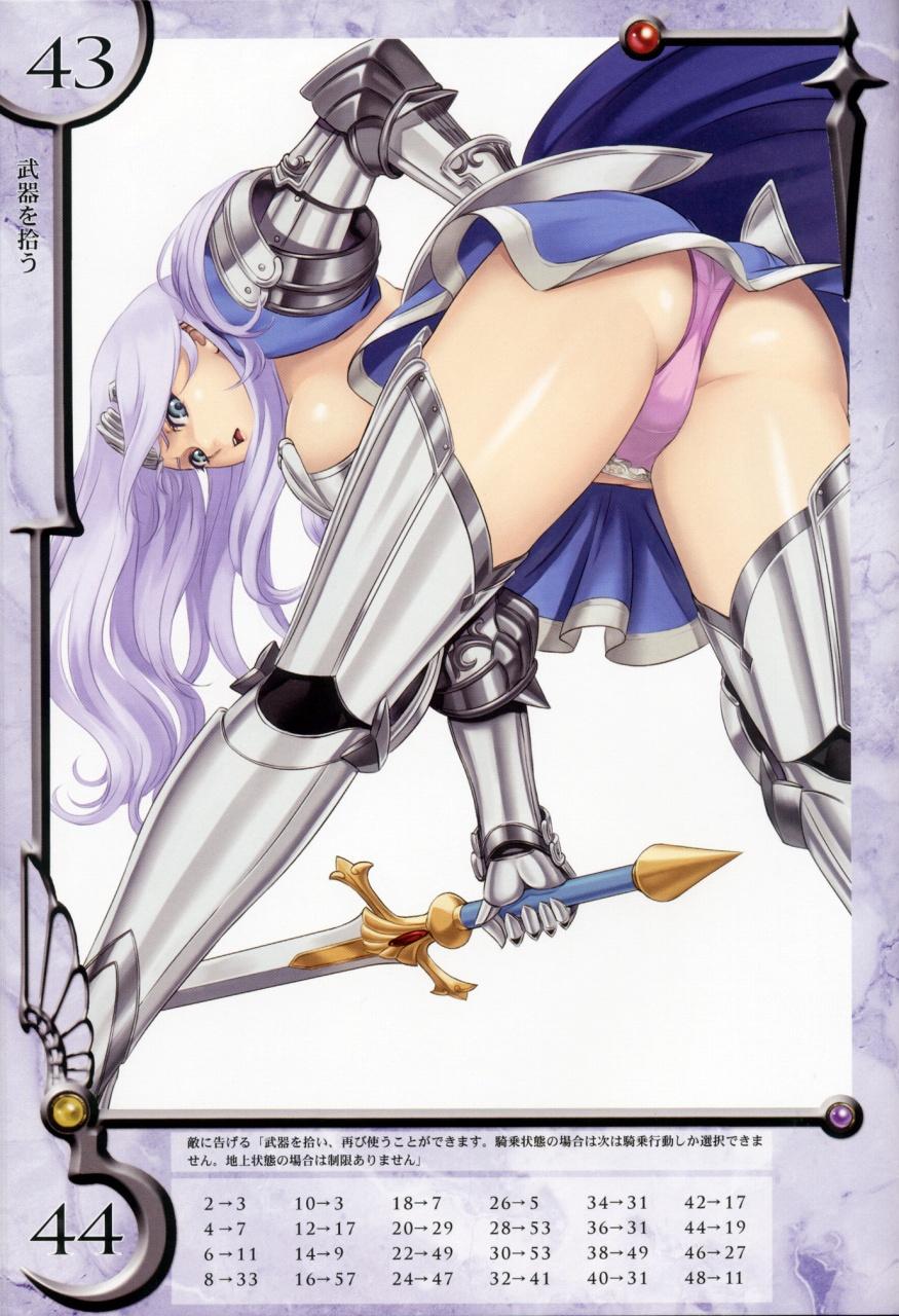 eiwa, annelotte, knight princess annelotte, queen's blade, queen's blade rebellion, highres, 00s, 10s, 1girl, annelotte (queen's blade), armor, armored dress, ass, bent over, blue eyes, breasts, dress, female focus, frilled panties, frills, hand on own hip, large breasts, long hair, looking back, open mouth, panties, purple hair, purple panties, sideboob, skirt, solo, spread legs, sword, thighhighs, tiara, underwear, upskirt, weapon