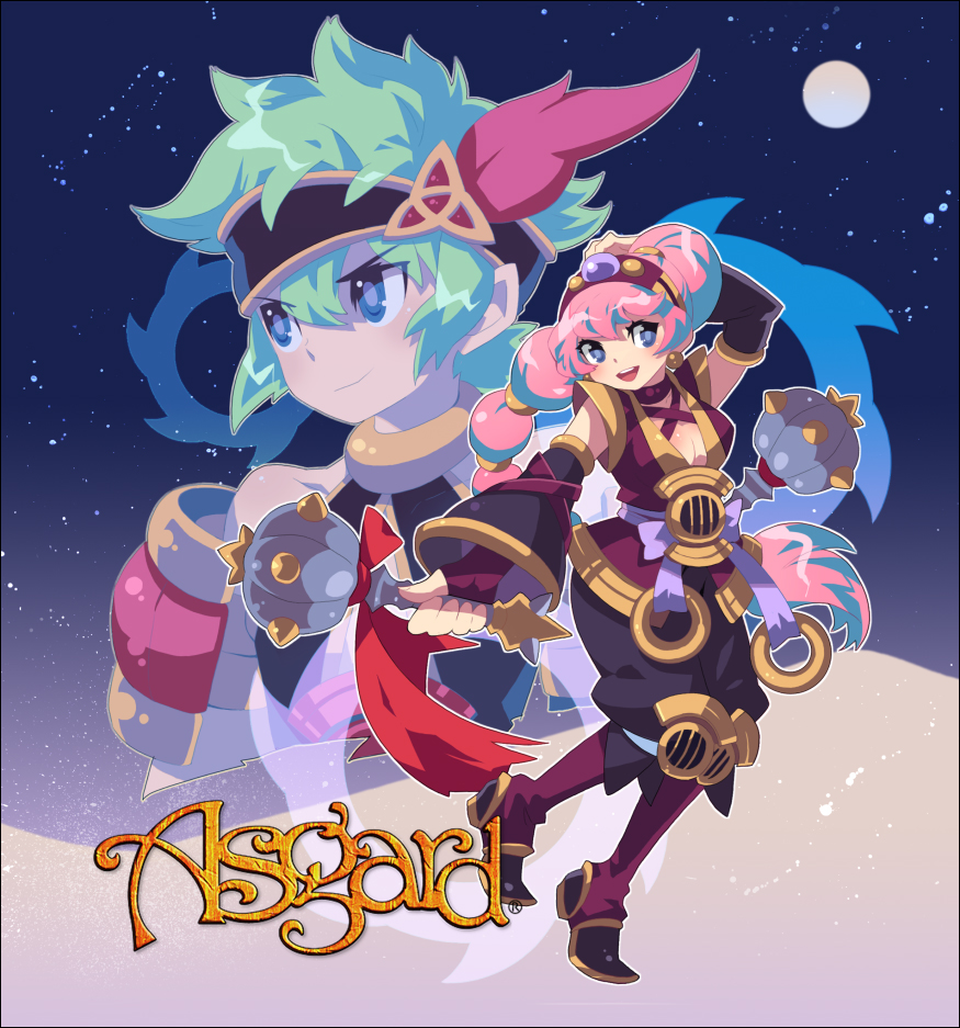 bf. (sogogiching), asgard, nexon, gold collar, official art, weapon request, 1boy, 1girl, asura (asgard), baggy pants, bare shoulders, black hairband, black pants, black sleeves, blue eyes, body blush, boots, braid, braided ponytail, breasts, choker, cleavage, closed mouth, copyright name, copyright notice, cropped torso, cross-laced armwear, cross-laced clothes, cross-laced top, detached sleeves, dot nose, earrings, english text, feathers, full body, full moon, gold earrings, gold hair tie, gold hairband, gold trim, green hair, grey eyes, grey pupils, hair tie, hairband, high ponytail, holding, holding weapon, jewelry, knee boots, legs apart, long hair, looking to the side, medium breasts, moon, obi, open mouth, outline, pants, ponytail, purple sash, red choker, red feathers, red hairband, red shirt, red sleeves, sash, shirt, short sleeves, simple background, smile, standing, standing on one leg, star (sky), teeth, thumb hole sleeves, tongue, upper teeth only, weapon, white outline