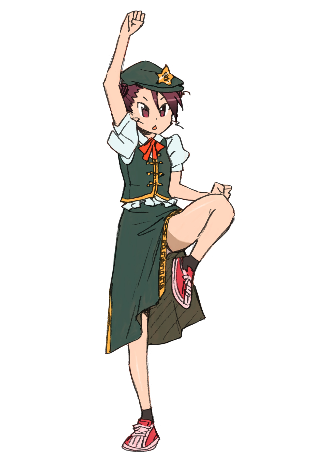 katou haruaki, hong meiling, saotome suzume, hyakko, touhou, bad id, bad pixiv id, highres, official art, 1girl, cosplay, double bun, female focus, flat chest, full body, hair bun, hong meiling (cosplay), simple background, solo, standing, standing on one leg, white background