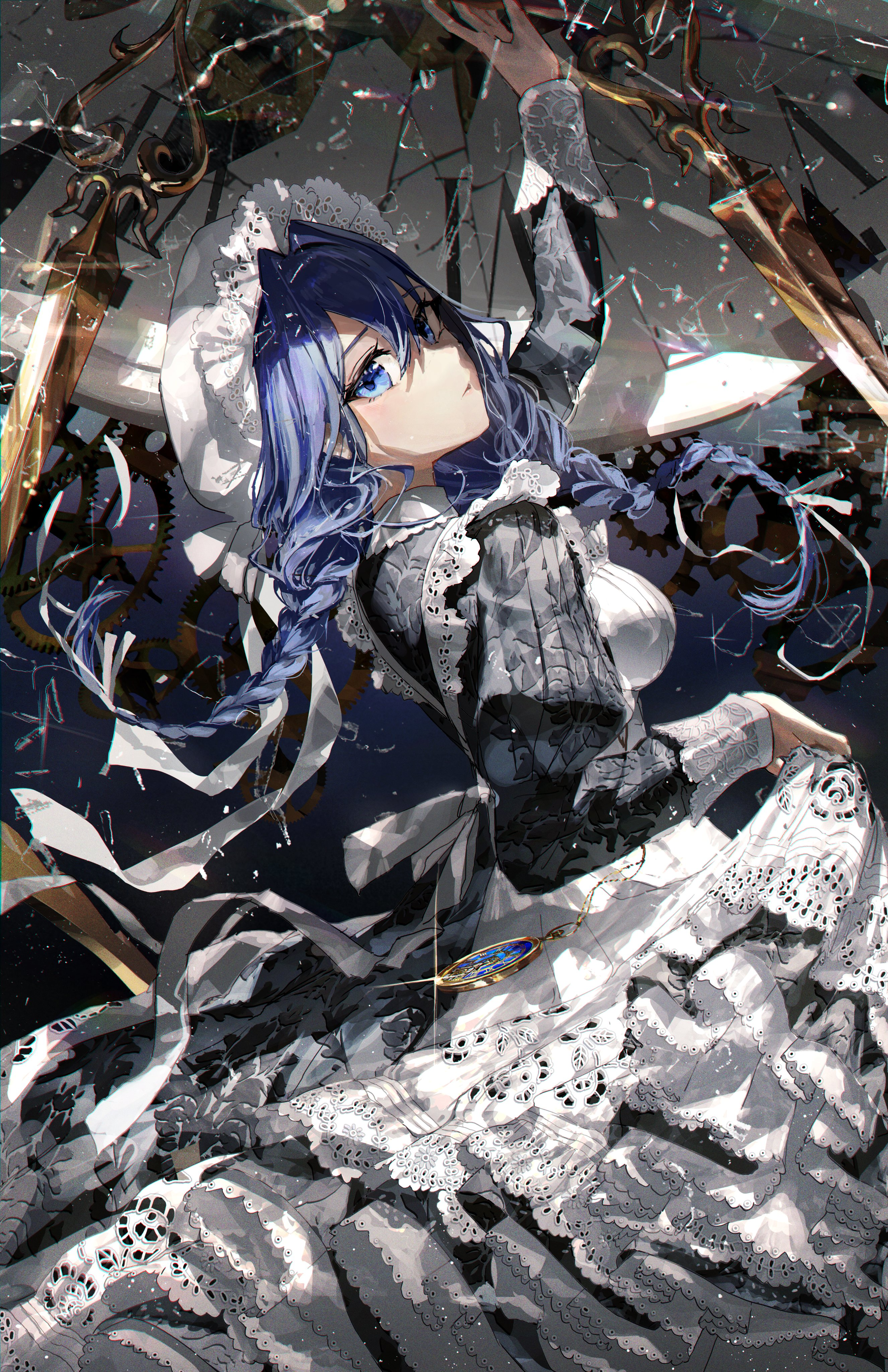 meltyrice, ouro kronii, ouro kronii (maid), hololive, hololive english, absurdres, commentary, highres, 1girl, arm up, blue eyes, blue hair, breasts, frilled hat, frills, from side, hair between eyes, hair intakes, hat, juliet sleeves, large breasts, long hair, long sleeves, looking at viewer, looking to the side, mob cap, official alternate costume, puffy sleeves, skirt hold, solo, very long hair, virtual youtuber, white hat