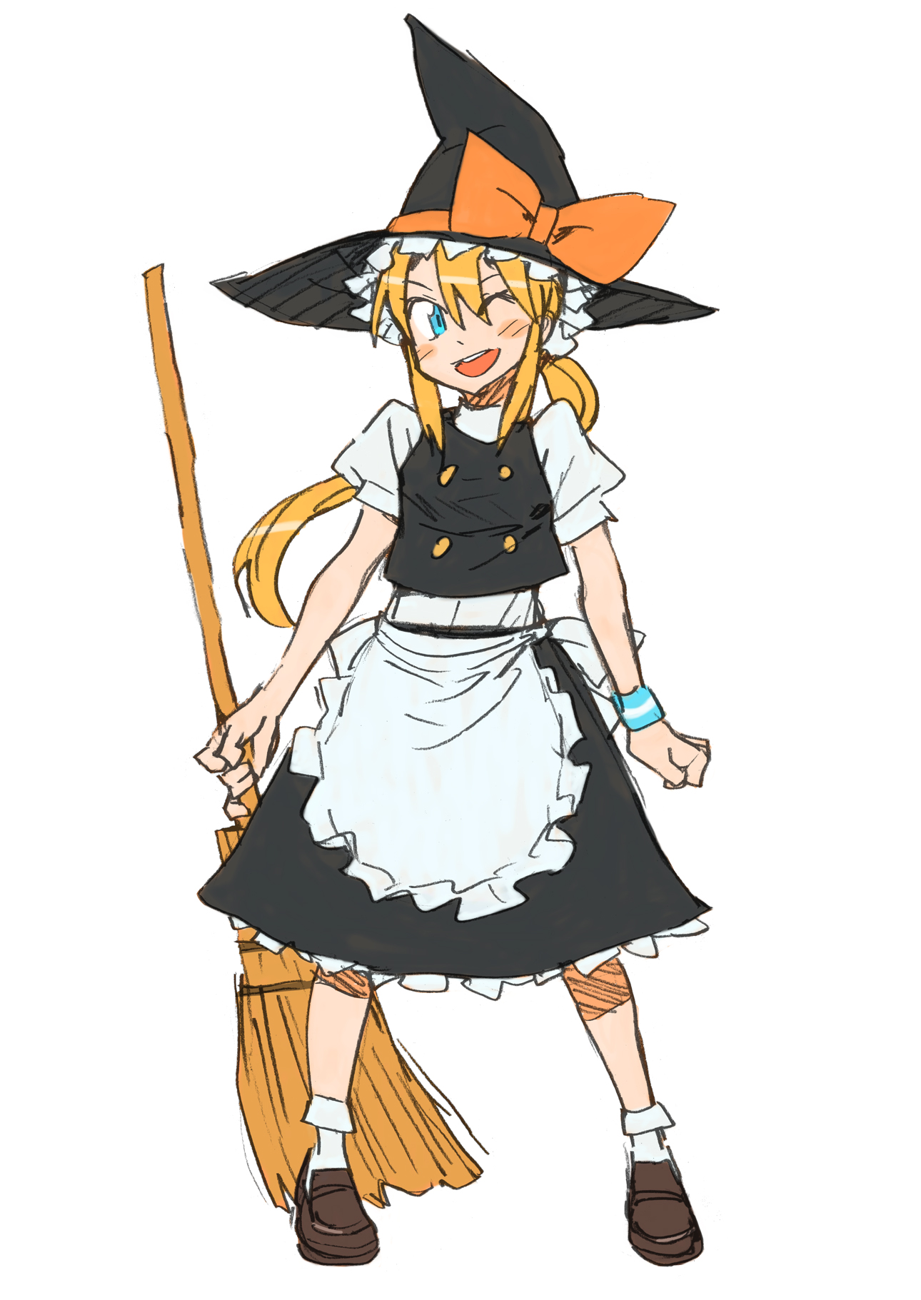 katou haruaki, kageyama torako, kirisame marisa, hyakko, touhou, highres, official art, 1girl, blonde hair, blue eyes, broom, cosplay, female focus, hat, kirisame marisa (cosplay), long hair, one eye closed, solo, wink, witch, witch hat