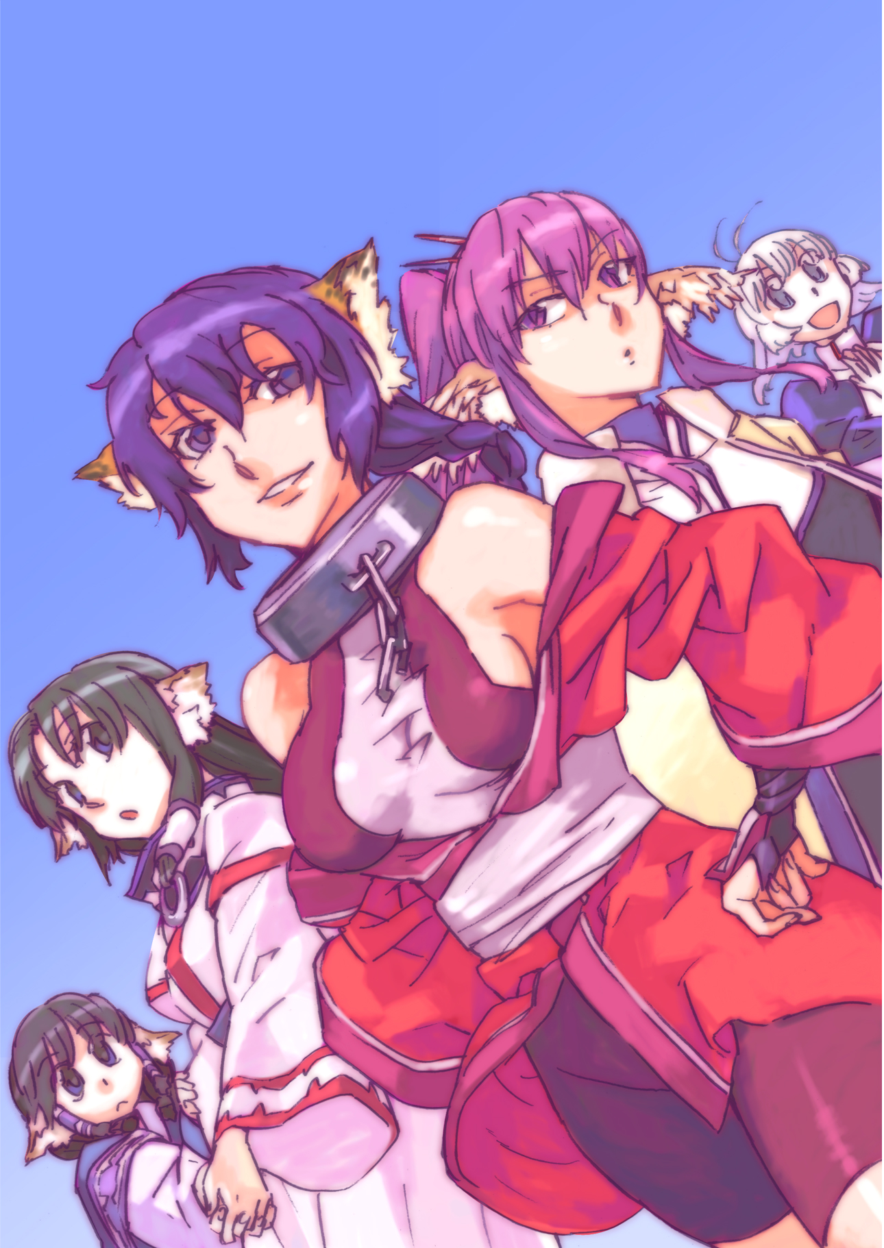 katou haruaki, aruruu, camyu, eruruu, karulau, touka (utawarerumono), utawarerumono, bad id, bad pixiv id, highres, 00s, 5girls, animal ears, chain, collar, green hair, head wings, long hair, multiple girls, pink hair, purple hair, wings