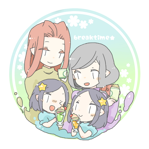 pixiv id 1298298, elrond, elros, maedhros, maglor, the silmarillion, tolkien's legendarium, 4boys, cherry, chibi, closed mouth, cup, drinking glass, elf, english text, food, fruit, hair ornament, height difference, holding, looking at another, male focus, multiple boys, one eye closed, open mouth, parted bangs, pointy ears, smile, star (symbol), star hair ornament, step-parent and step-child, upper body