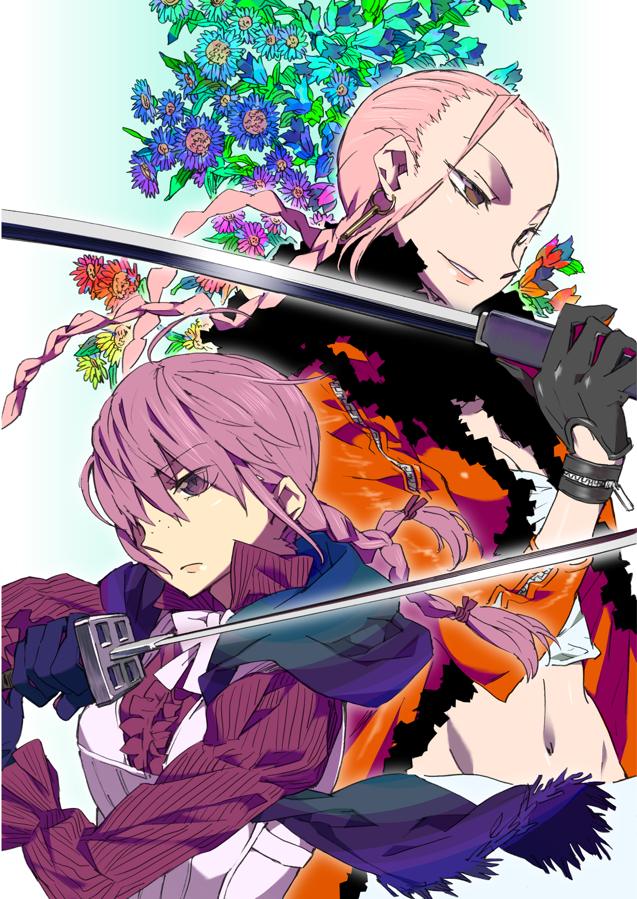 katou haruaki, original, bad id, bad pixiv id, highres, braid, brown eyes, earrings, flower, forehead, freckles, jewelry, katana, long hair, pink hair, purple eyes, sword, twin braids, weapon