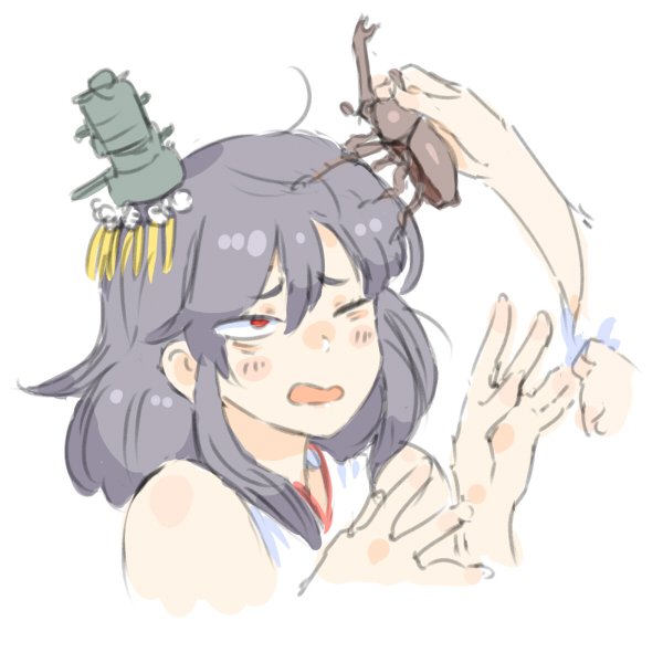 jibakurei (elite unchi), yamashiro (kancolle), kantai collection, bad id, bad twitter id, 1girl, 1other, animal, bare shoulders, black hair, blush, cropped shoulders, disembodied hand, frown, furrowed brow, hair ornament, hands up, holding, holding animal, insect on head, looking at animal, medium hair, one eye closed, open mouth, red eyes, rhinoceros beetle, simple background, sleeveless, teasing, white background
