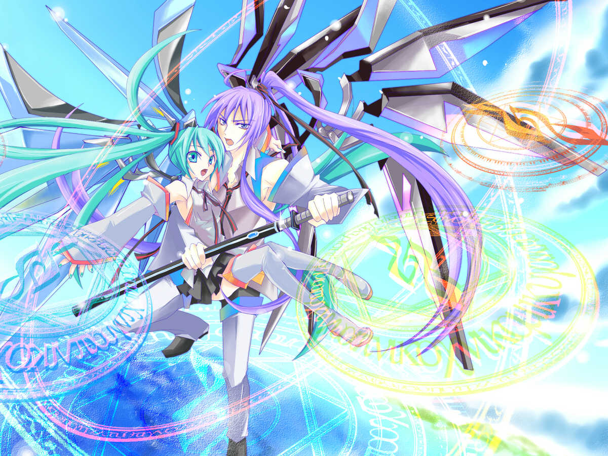 haru aki, hatsune miku, kamui gakupo, vocaloid, aqua eyes, aqua hair, blue eyes, carrying, detached sleeves, long hair, magic circle, purple hair, skirt, sky, sword, thighhighs, twintails, very long hair, weapon, wings