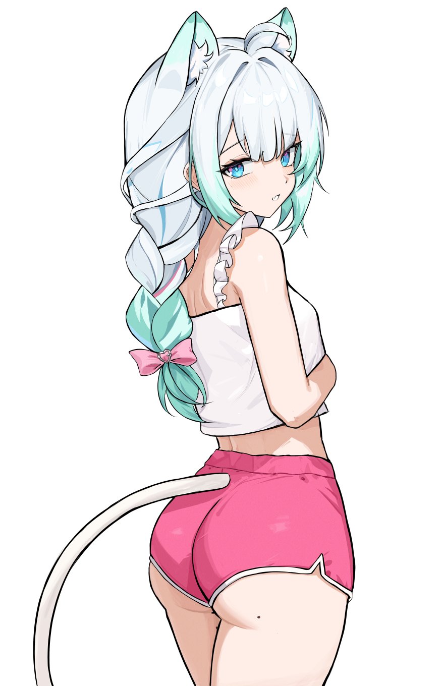 ttsyrene, mint fantome, mint fantome (otaku), indie virtual youtuber, commentary, highres, 1girl, animal ear fluff, animal ears, ass, blue eyes, blue streaks, braid, cat ears, cat girl, cat tail, cowboy shot, crop top, dolphin shorts, from behind, gradient hair, green hair, long hair, looking at viewer, looking back, mole, mole on ass, multicolored hair, parted lips, pink shorts, pink streaks, short shorts, shorts, simple background, solo, standing, streaked hair, tail, tank top, virtual youtuber, white background, white hair, white tank top