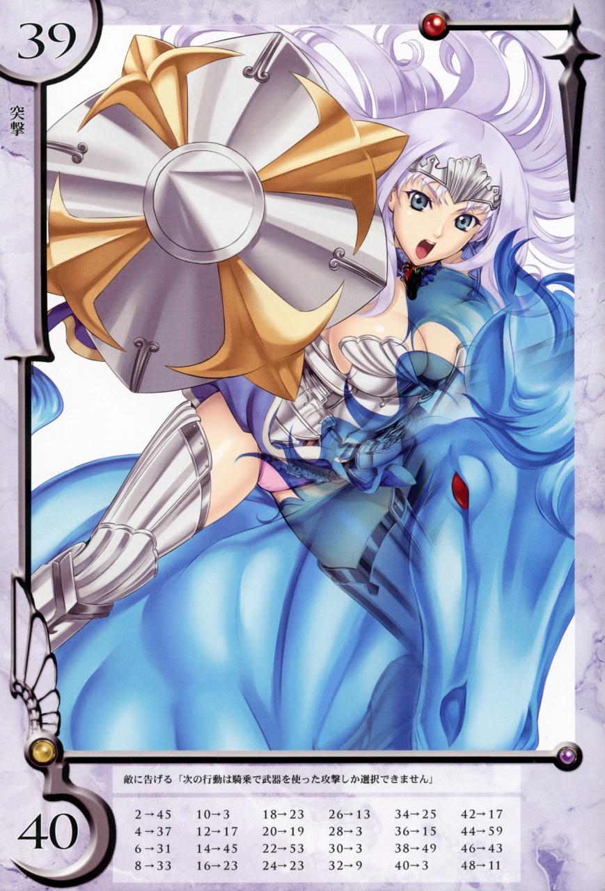 eiwa, ambrosius, annelotte, knight princess annelotte, queen's blade, queen's blade rebellion, highres, 00s, 10s, 1girl, annelotte (queen's blade), armor, armored dress, blue eyes, breasts, cleavage, dress, female focus, horse, large breasts, long hair, navel, open mouth, panties, purple hair, purple panties, shield, solo, thighhighs, tiara, underwear