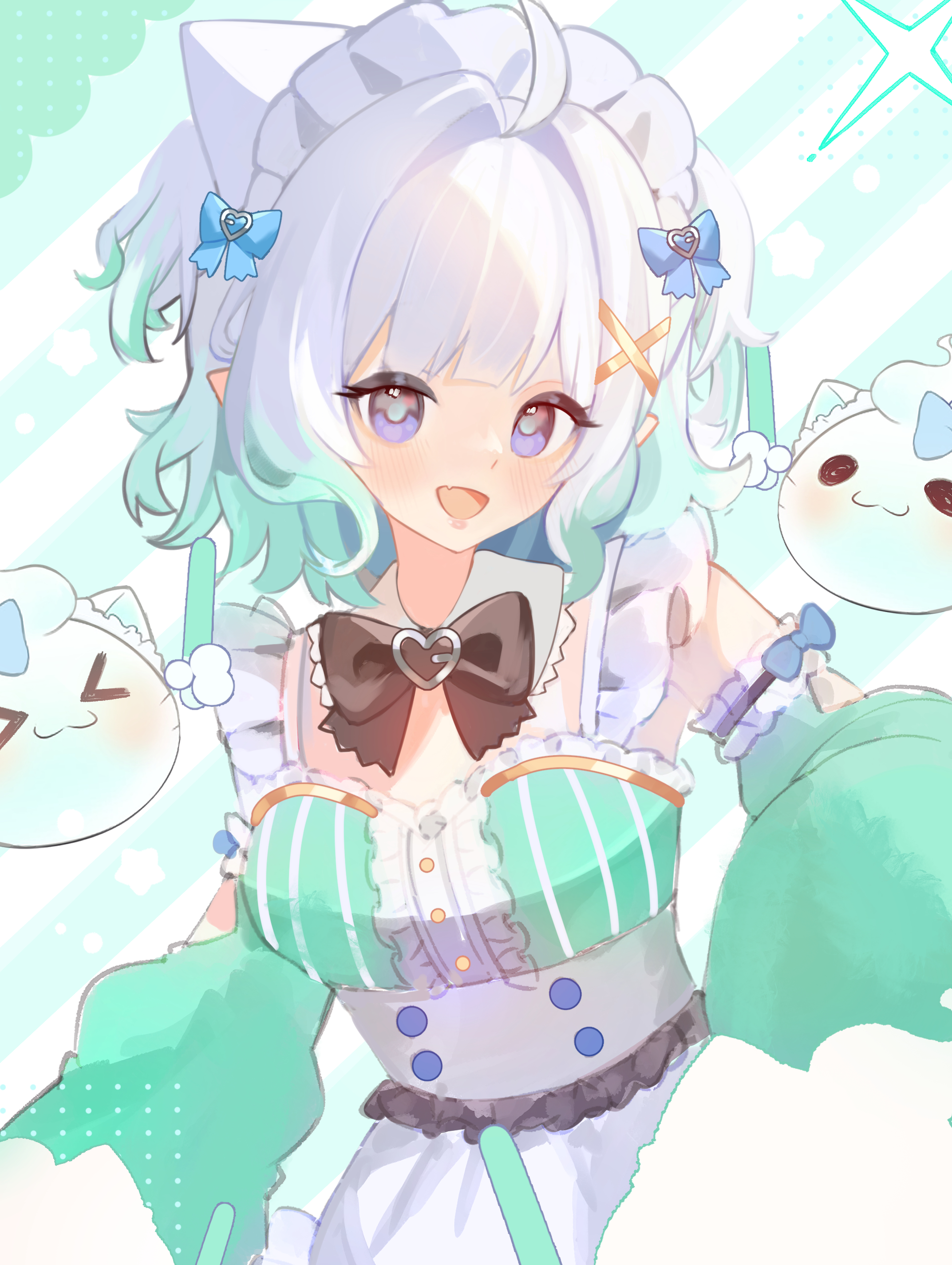 cowtzzy, mint fantome, mint fantome (minto 2.0), wisps (mint fantome), indie virtual youtuber, absurdres, commentary, english commentary, highres, 1girl, :d, ahoge, apron, black bow, black bowtie, blue bow, blue eyes, bow, bowtie, breasts, detached collar, detached sleeves, dress, fang, gradient hair, green dress, green hair, green sleeves, hair bow, hair intakes, hair ornament, long sleeves, looking at viewer, maid headdress, medium breasts, multicolored hair, open mouth, short hair, skin fang, sleeve garter, smile, solo, two-tone hair, virtual youtuber, white apron, white hair, x hair ornament