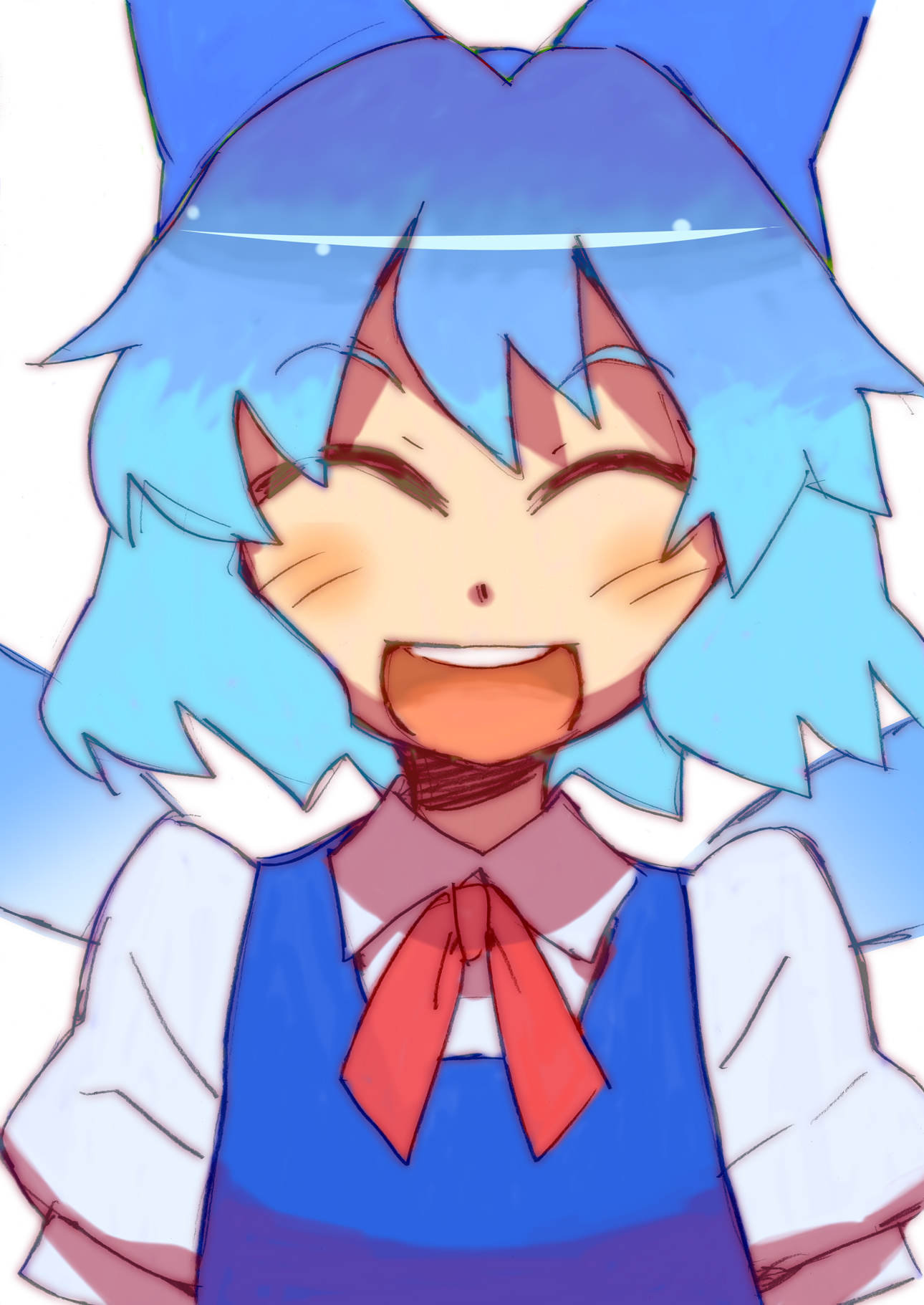 katou haruaki, cirno, embodiment of scarlet devil, touhou, bad id, bad pixiv id, highres, 1girl, blue hair, blush, female focus, happy, short hair, simple background, solo, upper body, white background
