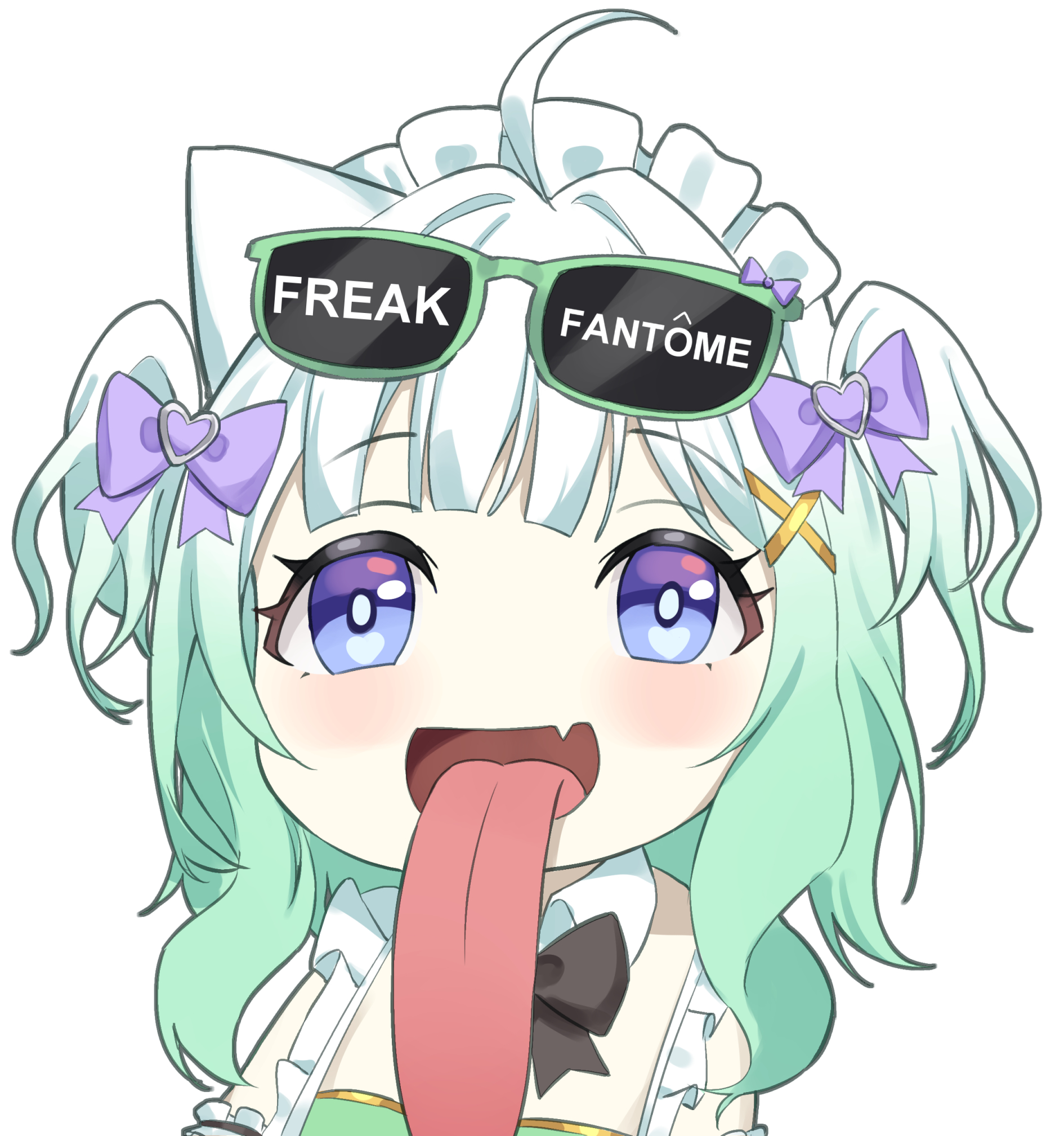 rooby n, mint fantome, mint fantome (minto 2.0), indie virtual youtuber, commentary, hashtag-only commentary, highres, symbol-only commentary, 1girl, :d, ahoge, black bow, black bowtie, blue eyes, blush, bow, bowtie, chibi, detached collar, eyewear on head, fang, freaky satono diamond (meme), hair bow, hair ornament, long tongue, maid headdress, medium hair, meme, multicolored hair, open mouth, portrait, purple bow, skin fang, smile, solo, sunglasses, tongue, triangular headpiece, two-tone hair, two side up, white background, x hair ornament