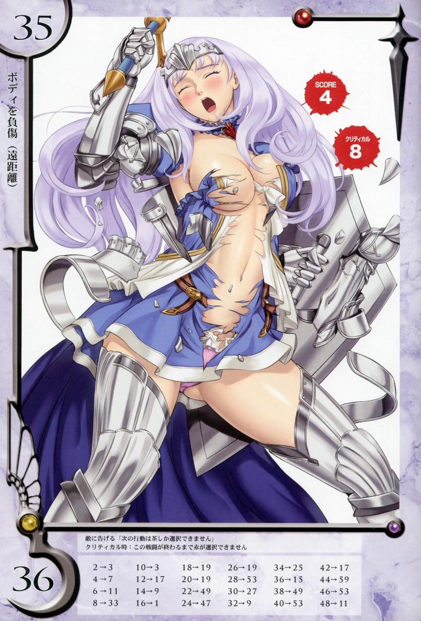eiwa, annelotte, knight princess annelotte, queen's blade, queen's blade rebellion, highres, 00s, 10s, 1girl, annelotte (queen's blade), armor, armored dress, blue eyes, blush, bouncing breasts, breasts, cleavage, closed eyes, dress, exploding clothes, female focus, gloves, large breasts, long hair, navel, one eye closed, open mouth, pain, panties, purple hair, purple panties, shield, solo, sword, thighhighs, tiara, torn clothes, underwear, weapon, wink