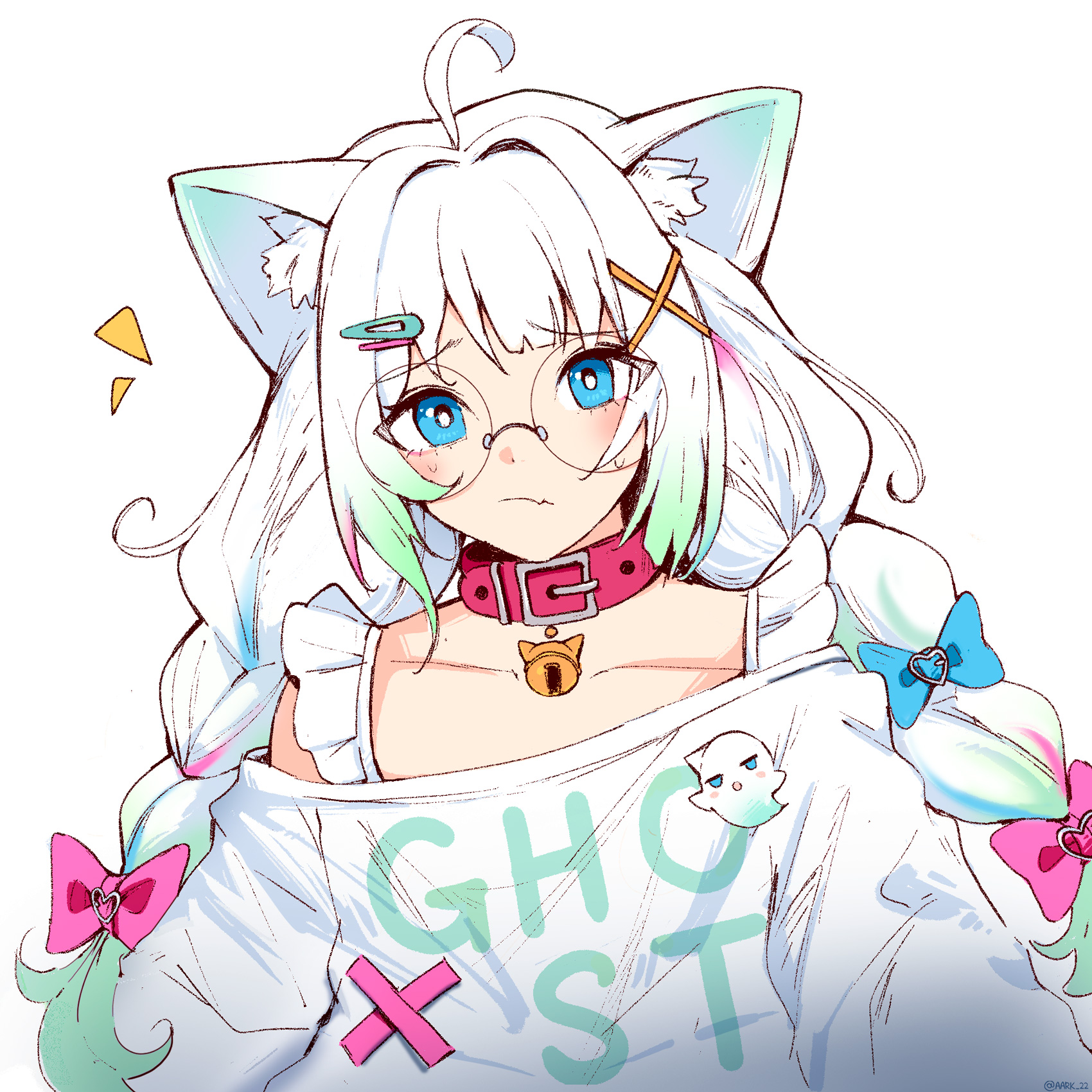 aark 22, mint fantome, mint fantome (otaku), indie virtual youtuber, commentary, english commentary, highres, 1girl, ahoge, animal ear fluff, animal ears, bell, belt collar, blue bow, blue eyes, bow, braid, bright pupils, cat ears, closed mouth, collar, collarbone, fang, fang out, frown, hair bow, hair intakes, hair ornament, hairclip, jingle bell, long hair, looking at viewer, low twin braids, low twintails, multiple hair bows, neck bell, parallel hairclips, pink bow, red collar, rimless eyewear, round eyewear, simple background, solo, sweater, twin braids, twintails, upper body, virtual youtuber, white background, white pupils, white sweater, x hair ornament