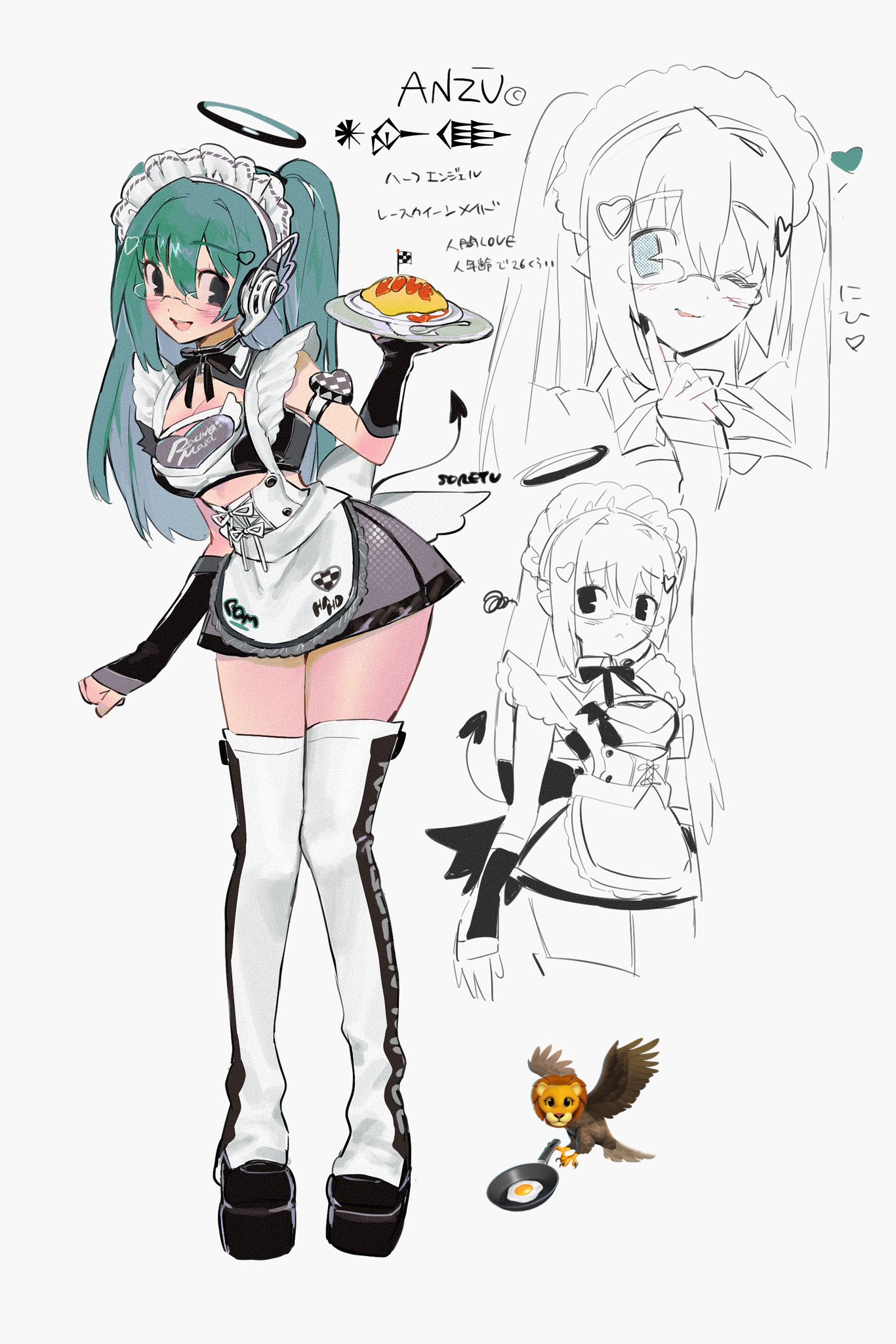 soreeyu (sore-yu), original, commentary, highres, translation request, 1girl, apron, aqua hair, black gloves, black shoes, food, gloves, halo, headphones, holding, holding plate, long hair, maid, maid headdress, multiple views, omelet, plate, ribbon, shoes, simple background, standing, thighhighs, unconventional maid, very long hair, white apron, white background, white thighhighs