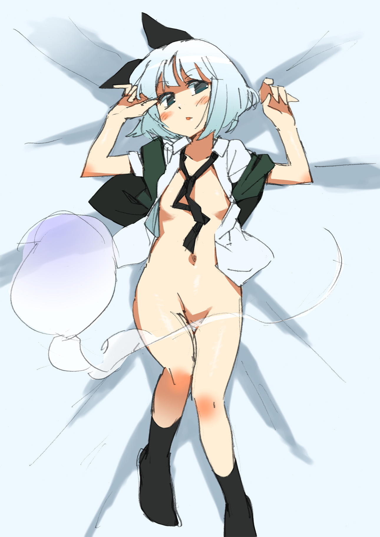 katou haruaki, konpaku youmu, konpaku youmu (ghost), touhou, highres, 1girl, bed, blush, bottomless, female focus, hitodama, lying, necktie, open clothes, open shirt, shirt, short hair, sketch, socks, solo