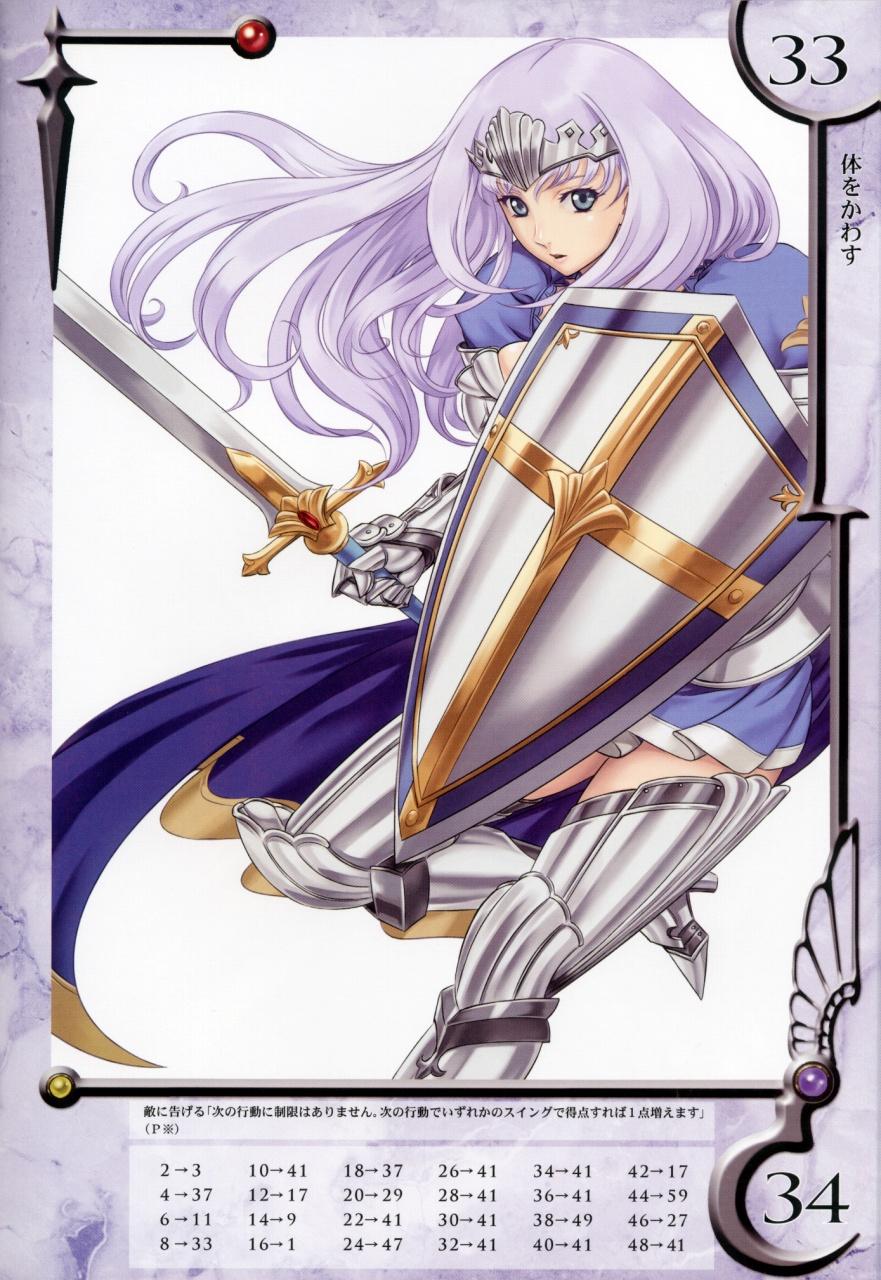 eiwa, annelotte, knight princess annelotte, queen's blade, queen's blade rebellion, highres, 00s, 10s, annelotte (queen's blade), armor, armored dress, blue eyes, dress, long hair, navel, purple hair, shield, solo, sword, thighhighs, tiara, weapon