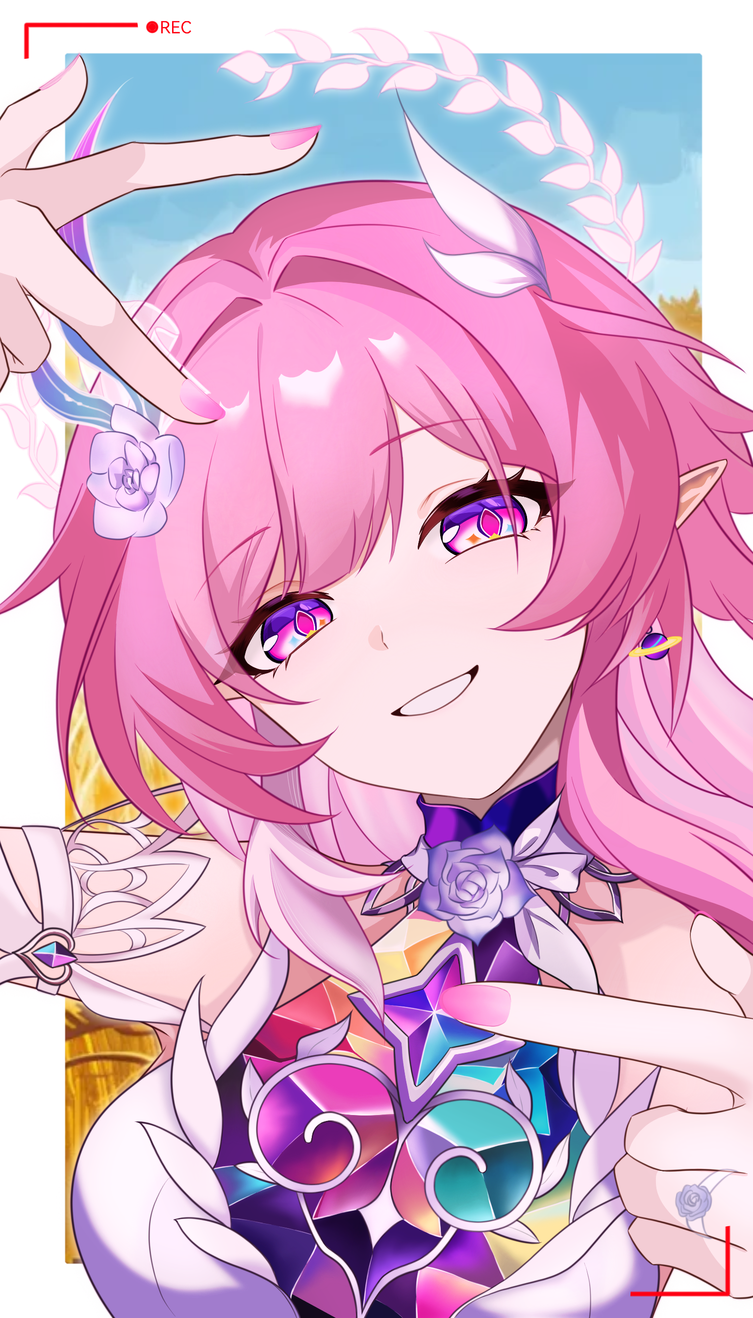 cyrene (honkai: star rail), cyrene (ripples of past reverie) (honkai: star rail), honkai: star rail, honkai (series), absurdres, chinese commentary, commentary request, highres, 1girl, blue sky, border, breasts, diamond-shaped pupils, diamond (shape), dress, earrings, flower, hair flower, hair ornament, halo, jewelry, large breasts, long hair, looking at viewer, multicolored hair, pink hair, pointy ears, purple eyes, ring, sky, smile, solo, symbol-shaped pupils, two-tone hair, very long hair, viewfinder, wedding ring, white border, white dress, white hair, zhi zhu zhu zhu zhu