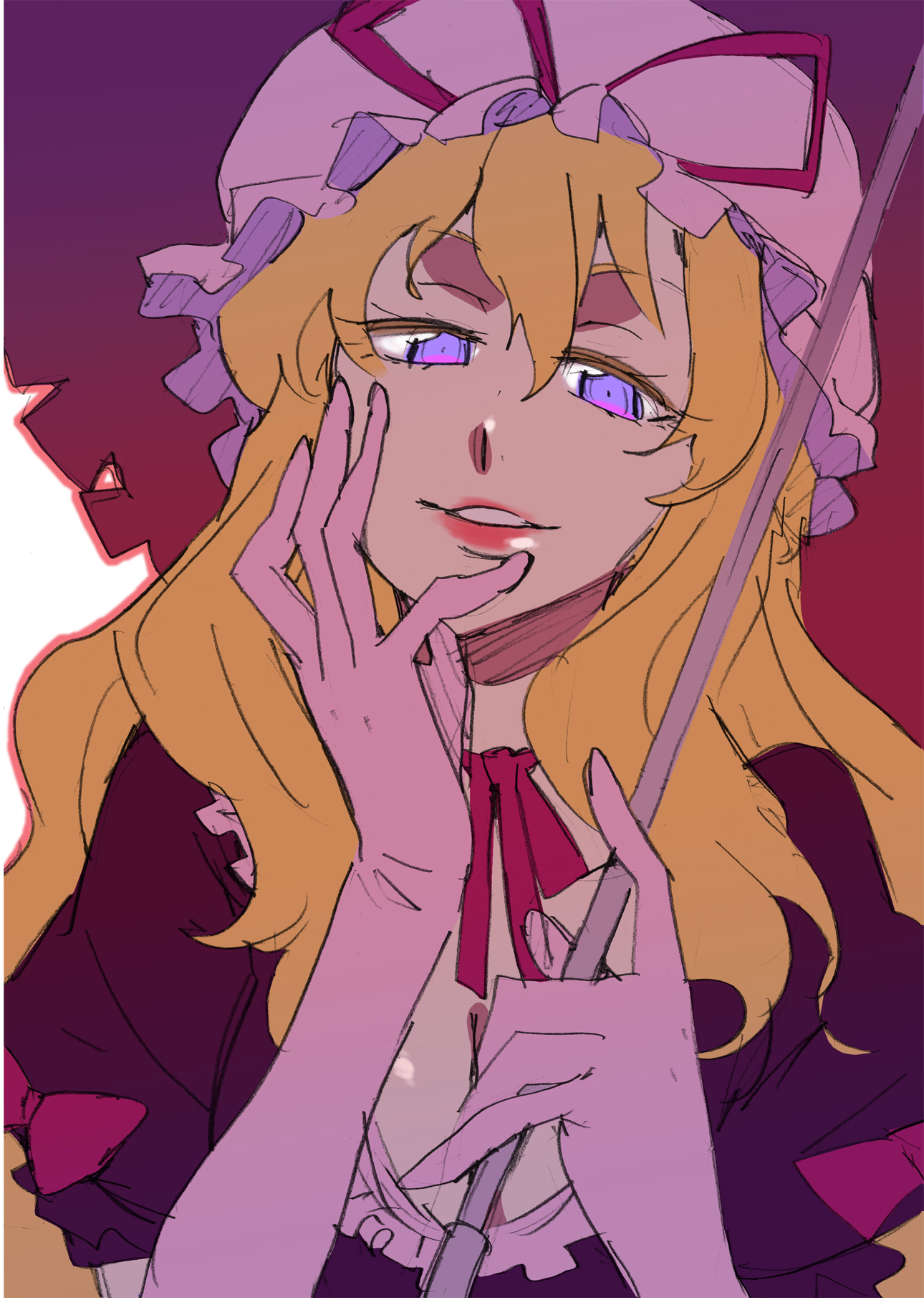 katou haruaki, yakumo yukari, touhou, bad id, bad pixiv id, highres, 1girl, blonde hair, breasts, cleavage, elbow gloves, female focus, gloves, glowing, glowing eyes, gradient background, hair between eyes, hat, lipstick, long hair, makeup, mob cap, purple eyes, solo, upper body, white background