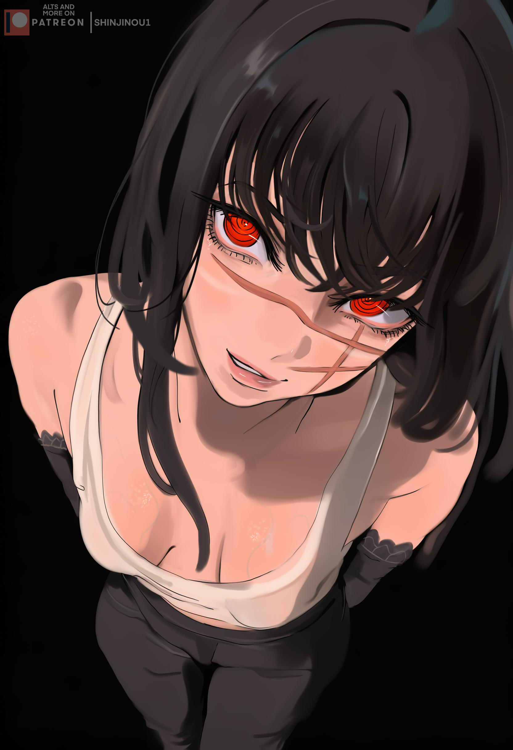lady shin, yoru (chainsaw man), chainsaw man, absurdres, highres, 1girl, black background, black gloves, black hair, black pants, breasts, elbow gloves, facial scar, gloves, long hair, looking at viewer, pants, patreon logo, patreon username, red eyes, ringed eyes, scar, scar on cheek, scar on face, scar on nose, simple background, small breasts, solo, tank top, white tank top