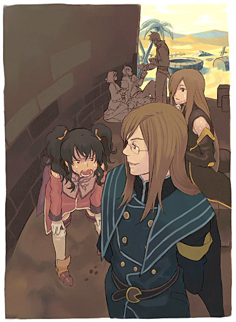 anise tatlin, guy cecil, jade curtiss, luke fon fabre, natalia luzu kimlasca lanvaldear, tear grants, tales of (series), tales of the abyss, 00s, 3boys, 3girls, black hair, blue eyes, brown hair, gloves, long hair, multiple boys, multiple girls, red eyes, ribbon, twintails