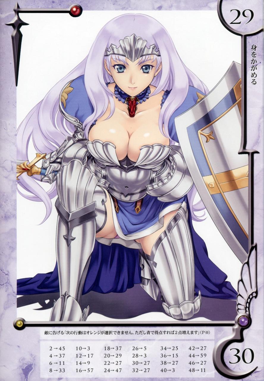 eiwa, annelotte, knight princess annelotte, queen's blade, queen's blade rebellion, highres, 00s, 10s, 1girl, annelotte (queen's blade), armor, armored dress, ass, blue eyes, breasts, cleavage, dress, elbow gloves, female focus, gloves, large breasts, long hair, navel, panties, purple hair, purple panties, shield, smile, solo, sword, thighhighs, tiara, underwear, weapon