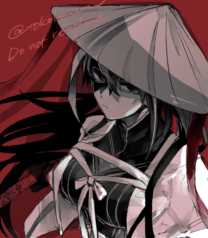 tokokeiten, kawakami gensai (fate), fate/grand order, fate (series), 1girl, black eyes, black hair, breasts, expressionless, hat, holding, holding sword, holding weapon, kawakami gensai (third ascension) (fate), large breasts, long hair, looking at viewer, solo, sword, twitter username, weapon, white hair, white hat