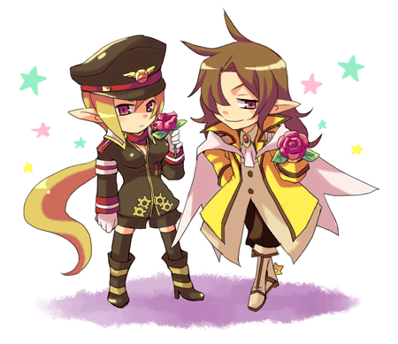 tsuyuka (sunny spot), master big star, master bigstar, salvatore, salvatore (disgaea), disgaea, makai senki disgaea 3, nippon ichi, lowres, 1boy, 1girl, black hat, blonde hair, boots, brown hair, demon girl, flower, gloves, hat, long hair, pointy ears, rose, smile, star (symbol), very long hair