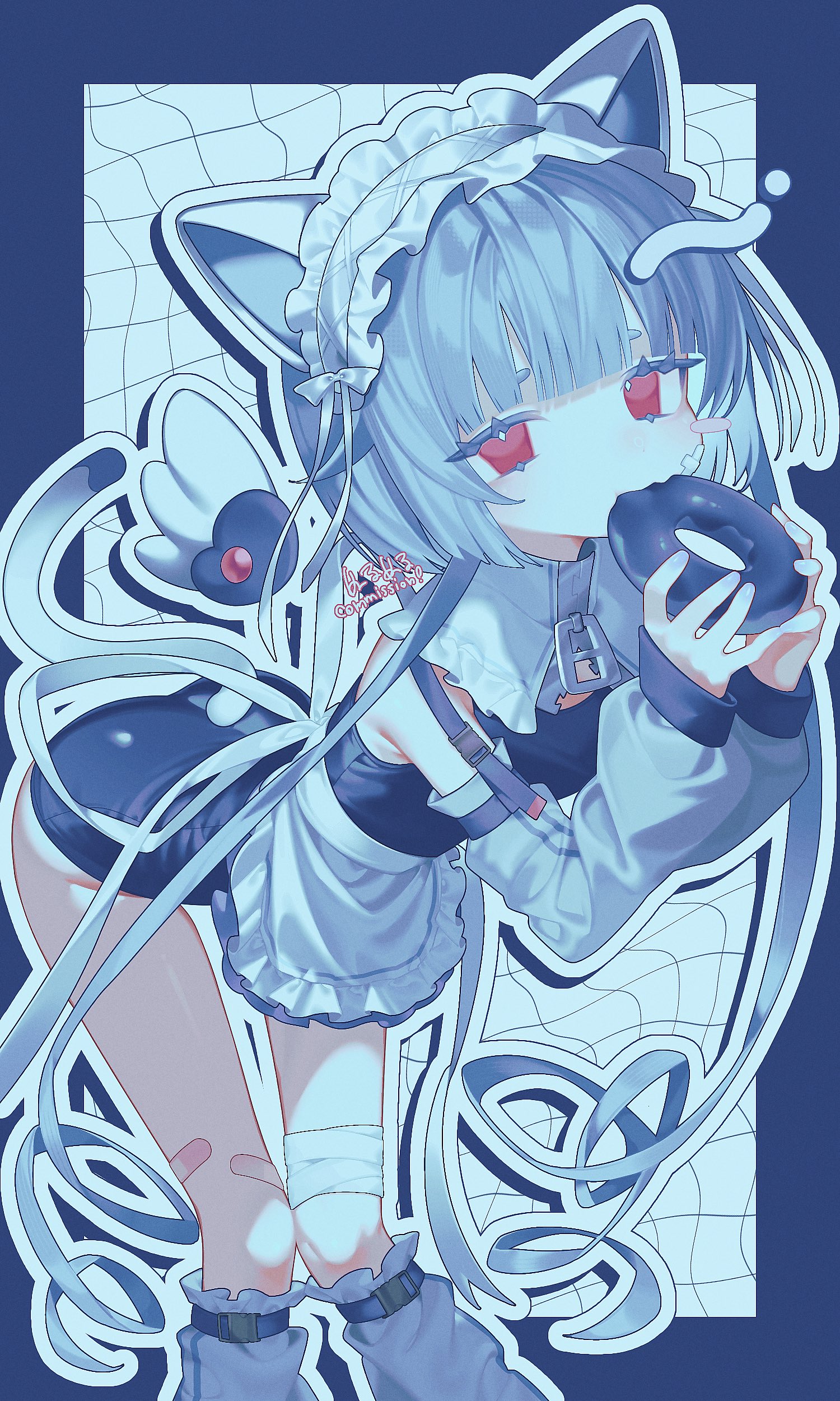 nullnull nameko, original, absurdres, commission, highres, 1girl, angel wings, animal ears, apron, arched back, bandaged leg, bandages, bandaid, bandaid on face, bandaid on leg, bare shoulders, blue border, blue hair, blunt bangs, blush stickers, border, cat ears, cat girl, cat tail, collar, detached collar, detached sleeves, detached wings, donut, drill hair, drill sidelocks, eating, feet out of frame, food, frilled collar, frilled hairband, frills, grid background, hairband, hands up, holding, holding donut, holding food, knees together feet apart, leaning forward, leg warmers, lolita hairband, long sidelocks, looking at viewer, mini wings, one-piece swimsuit, outline, outside border, red eyes, ribbon, short hair with long locks, sidelocks, single blush sticker, sleeves past wrists, solo, strap, swimsuit, tail, very long sidelocks, white apron, white hairband, white outline, white ribbon, wings, zipper