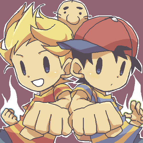 doseisan, lucas (mother 3), ness (mother 2), mother (series), mother 2, mother 3, nintendo, lowres, 2boys, black hair, blonde hair, child, hat, male focus, multiple boys, oekaki, quiff, smile