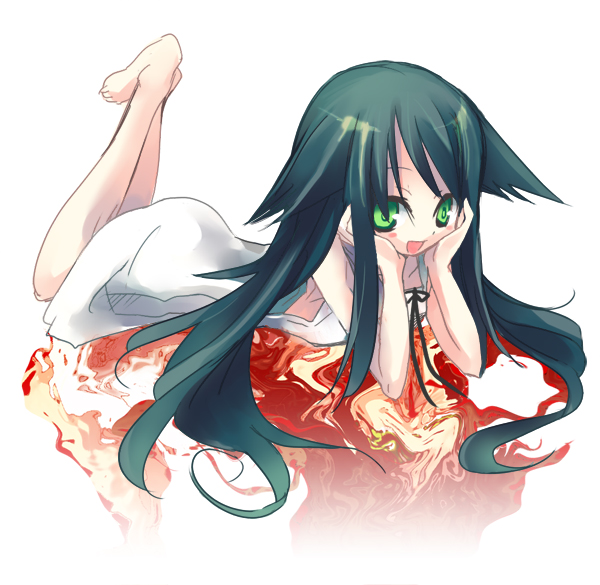 hanepochi, saya (saya no uta), nitroplus, saya no uta, barefoot, blush, dress, feet, green eyes, green hair, happy, lying, ribbon, smile, solo