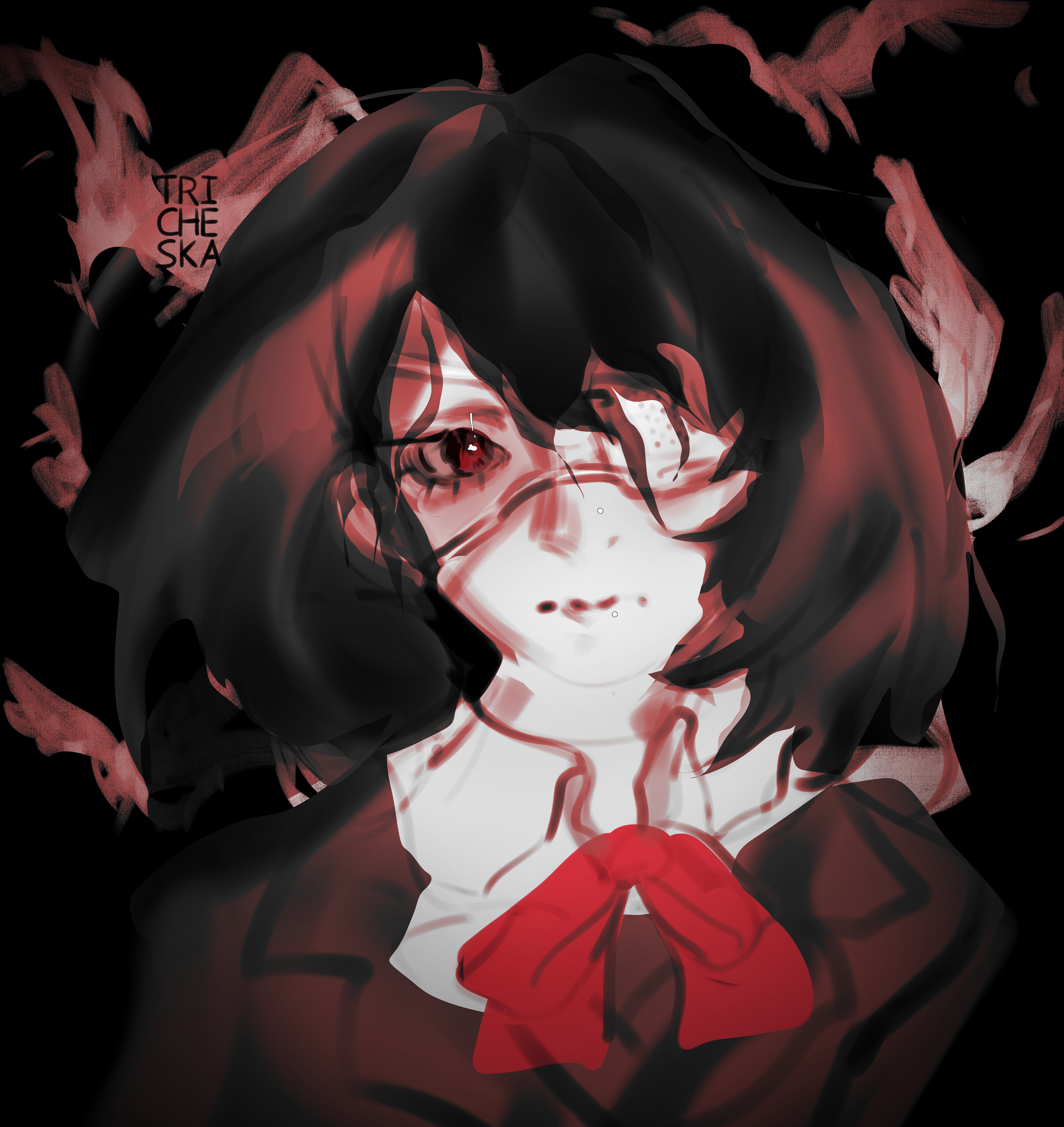 tricheska, misaki mei, another, absurdres, highres, non-web source, 1girl, black hair, crows, eyepatch, heterochromia, inktober, medical eyepatch, pale skin, red eyes, school uniform, short hair, yomiyama north junior high school uniform