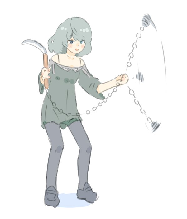 jibakurei (elite unchi), takagaki kaede, idolmaster, idolmaster cinderella girls, bad id, bad twitter id, 1girl, afterimage, bare shoulders, black pantyhose, black shoes, chain, full body, green eyes, green hair, green shirt, green shorts, hands up, holding, holding chain, holding weapon, kusarigama, looking at viewer, medium hair, off-shoulder shirt, off shoulder, open mouth, pantyhose, pantyhose under shorts, shirt, shoes, shorts, sickle, simple background, smile, solo, standing, swinging weapon, three-quarter sleeves, weapon, white background