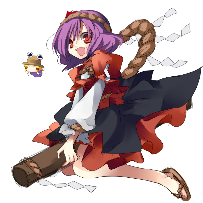 hanepochi, moriya suwako, yasaka kanako, touhou, bad id, bad pixiv id, 2girls, blonde hair, female focus, multiple girls, onbashira, purple hair, red eyes, short hair