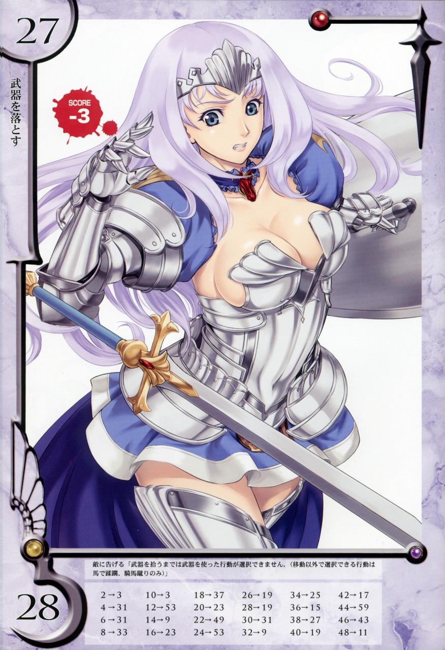eiwa, annelotte, knight princess annelotte, queen's blade, queen's blade rebellion, highres, 00s, 10s, 1girl, annelotte (queen's blade), armor, armored dress, blue eyes, breasts, cleavage, dress, dropping, elbow gloves, gloves, large breasts, long hair, purple hair, shield, sideboob, sword, thighhighs, tiara, weapon, worried
