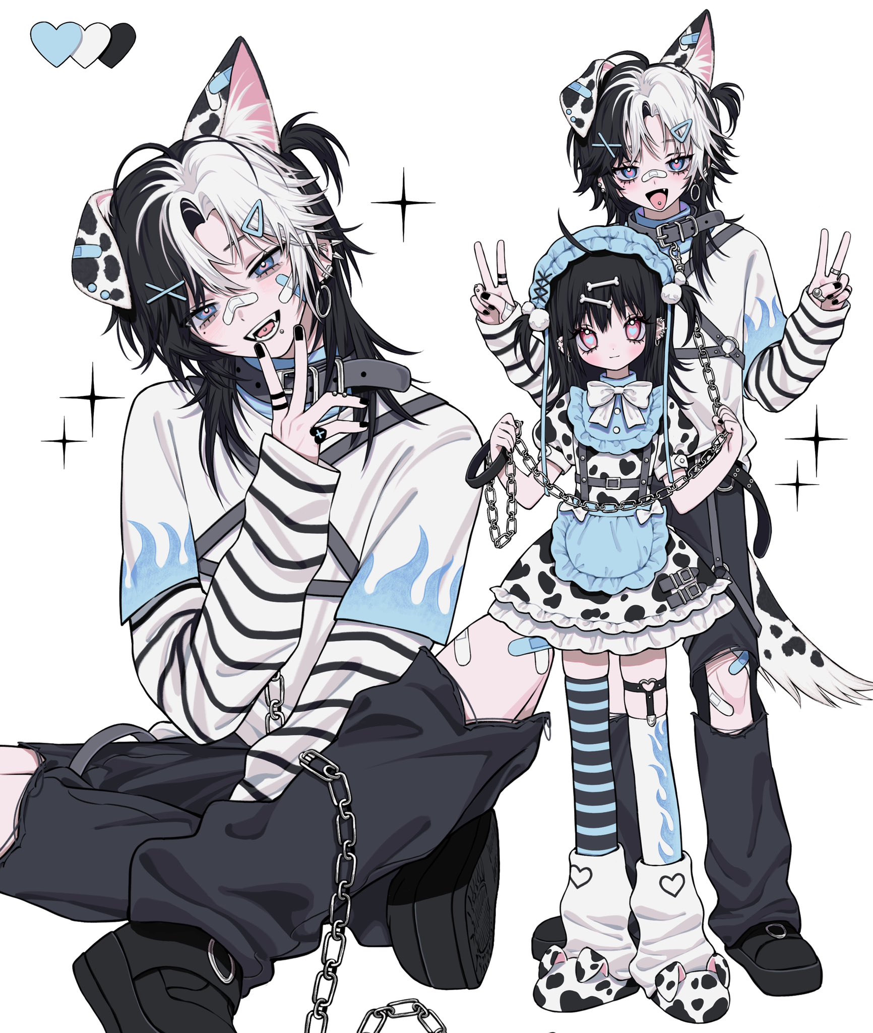 pkolypop, original, commentary, highres, symbol-only commentary, 1boy, 1girl, ahoge, animal ears, apron, asymmetrical legwear, black hair, blue apron, blue hat, bow, chain, dalmatian, dog boy, dog ears, dog tail, dress, e-boy, fashion, frills, harness, hat, leash, lolita fashion, long hair, loose socks, mismatched legwear, mullet, multiple views, one side up, petticoat, pom pom (clothes), simple background, socks, standing, sweet lolita, tail, two side up, v, white background, white bow, yabi fashion