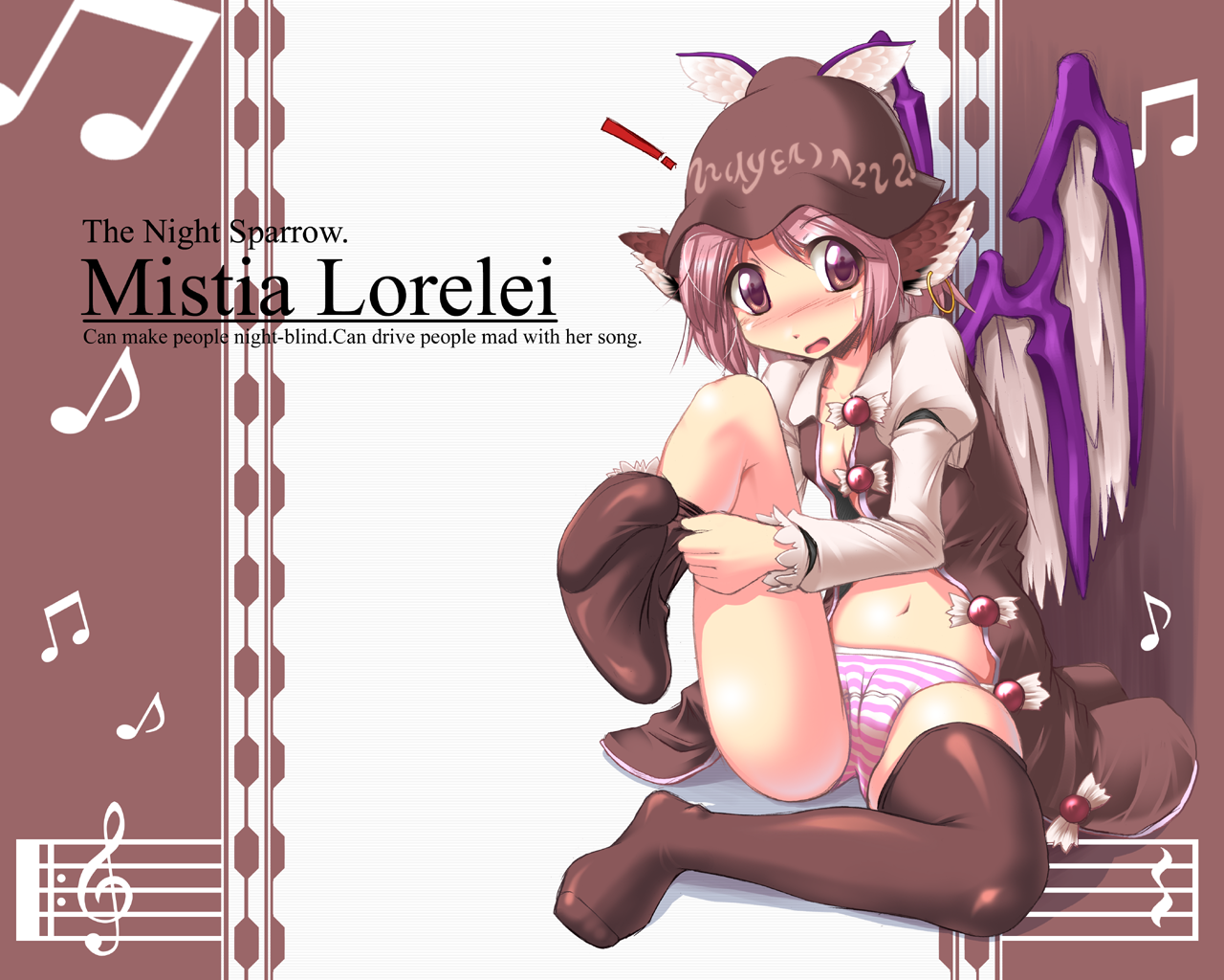you naka, mystia lorelei, touhou, 1girl, animal ears, blush, character name, earrings, english text, female focus, hat, jewelry, panties, pink hair, short hair, solo, striped clothes, striped panties, thighhighs, underwear, wings