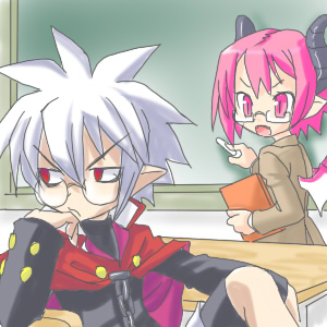 karina, mao (disgaea), raspberyl, disgaea, makai senki disgaea, makai senki disgaea 2, makai senki disgaea 3, nippon ichi, lowres, 00s, book, demon girl, glasses, horns, pink hair, school, short hair, teacher, white hair
