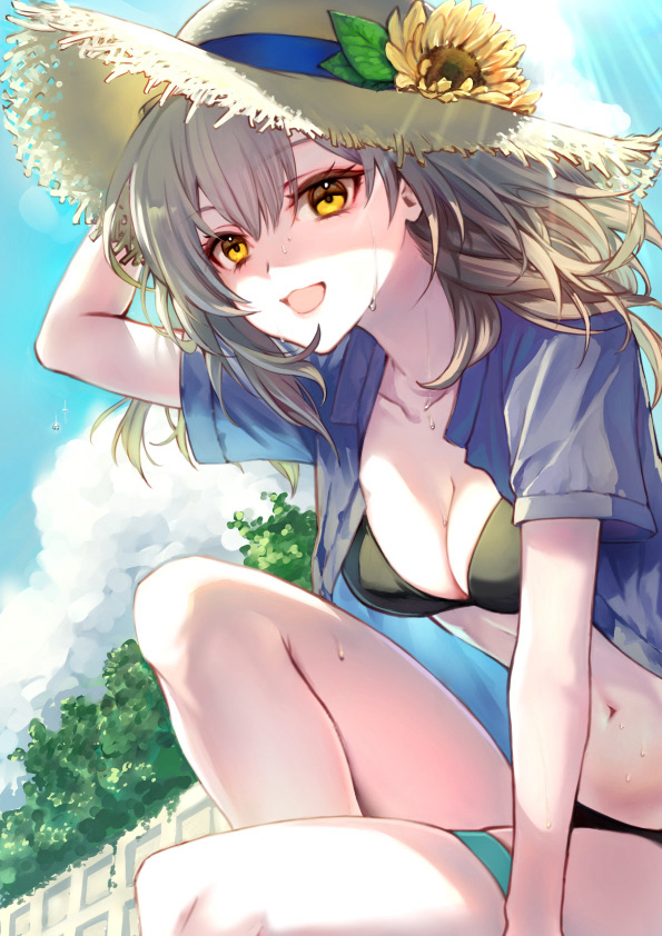 hinagi kei, stelle (honkai: star rail), trailblazer (honkai: star rail), honkai: star rail, honkai (series), commentary request, 1girl, arm up, bikini, bikini under clothes, black bikini, blue shirt, breasts, collarbone, day, flower, grey hair, hat, hat flower, light rays, long hair, medium breasts, navel, open clothes, open mouth, open shirt, outdoors, shirt, short sleeves, solo, straw hat, sunflower, sunlight, swimsuit, thigh strap, yellow eyes