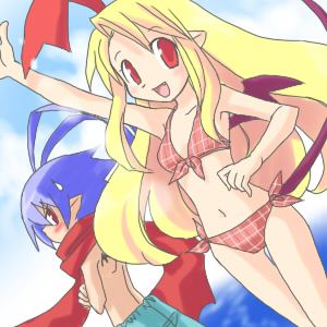 flonne, flonne (fallen angel), karina, laharl, disgaea, makai senki disgaea, makai senki disgaea 2, makai senki disgaea 3, nippon ichi, lowres, 00s, 1boy, 1girl, :d, arm up, beach, bikini, blonde hair, blue hair, blush, demon girl, fallen angel, fang, flat chest, front-tie top, long hair, navel, open mouth, plaid bikini, plaid clothes, pointy ears, red eyes, scarf, shorts, side-tie bikini bottom, smile, swimsuit, tail, wings