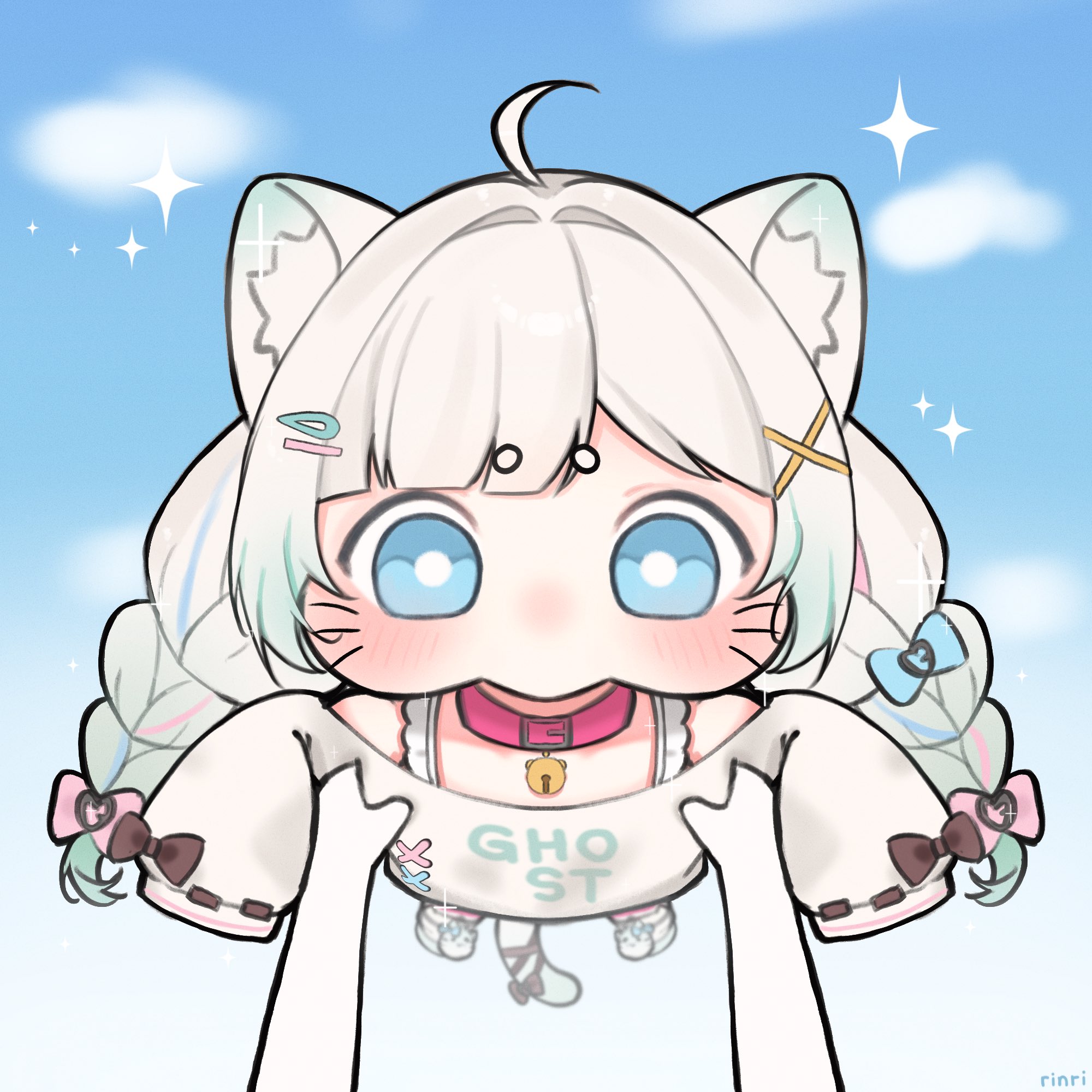 rinrihime, mint fantome, mint fantome (otaku), indie virtual youtuber, hashtag-only commentary, highres, 1girl, 1other, ahoge, animal ear fluff, animal ears, bell, black bow, blue bow, blue eyes, blue sky, blue streaks, blush, bow, braid, bright pupils, cat ears, cat girl, cat tail, chibi, cloud, collar, gradient hair, green hair, hair bow, hair intakes, hair ornament, hairclip, jingle bell, lifting person, long hair, looking at viewer, low twin braids, multicolored hair, multiple hair bows, neck bell, parallel hairclips, pink bow, pink collar, pink streaks, ribbon-trimmed sleeves, ribbon trim, sky, sleeve bow, sleeves past fingers, sleeves past wrists, streaked hair, tail, twin braids, twintails, vest, virtual youtuber, whiskers, white hair, white pupils, white vest, x hair ornament
