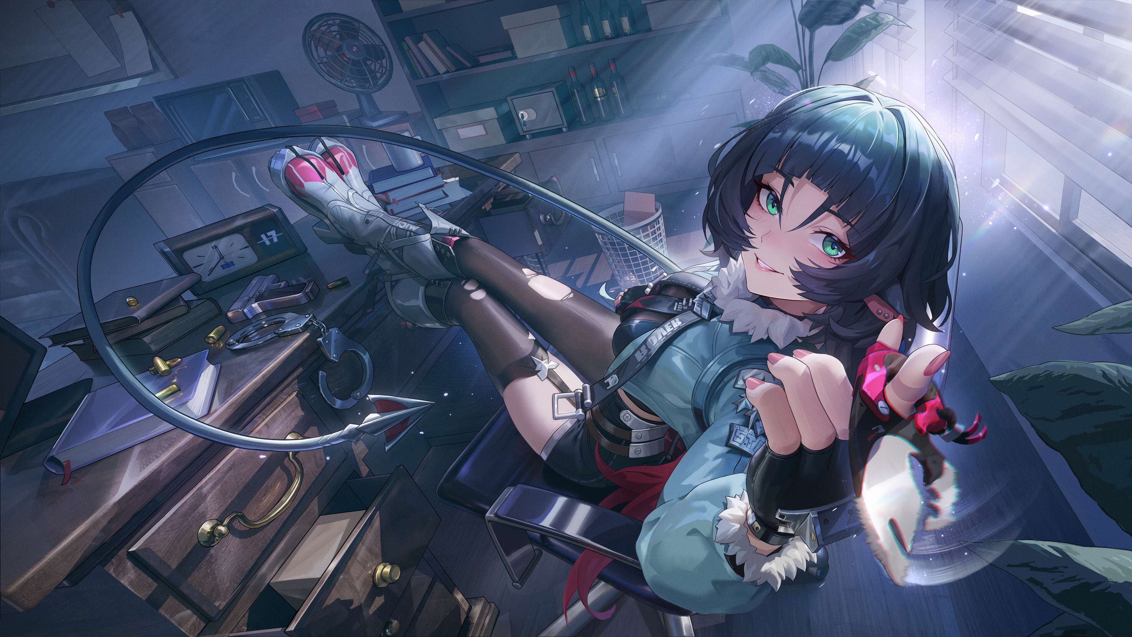 jane doe (zenless zone zero), zenless zone zero, absurdres, commentary, highres, making-of available, 1girl, animal ear piercing, animal ears, black gloves, black hair, black pantyhose, black shirt, black shorts, black thighhighs, blue jacket, boots, breasts, chair, crossed ankles, dagger, feet on table, fingerless gloves, fingernails, fur-trimmed jacket, fur trim, garter straps, gloves, green eyes, grey boots, grin, high-waist shorts, holding, holding dagger, holding knife, holding weapon, indoors, jacket, jiang xiaowang, knee boots, knife, light blush, looking at viewer, mouse ears, mouse girl, mouse tail, necktie, on chair, pantyhose, pink nails, sharp tail, shirt, shorts, single garter strap, single leg pantyhose, single thighhigh, sitting, smile, solo, table, tail, thighhighs, torn clothes, torn pantyhose, torn thighhighs, weapon