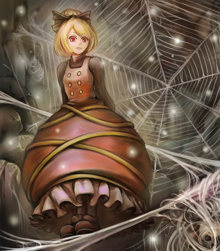 sai-go, kurodani yamame, touhou, bad id, bad pixiv id, 1girl, arms behind back, blonde hair, bow, dress, female focus, frills, gathers, hair bow, light particles, red eyes, short hair, silk, solo, spider web