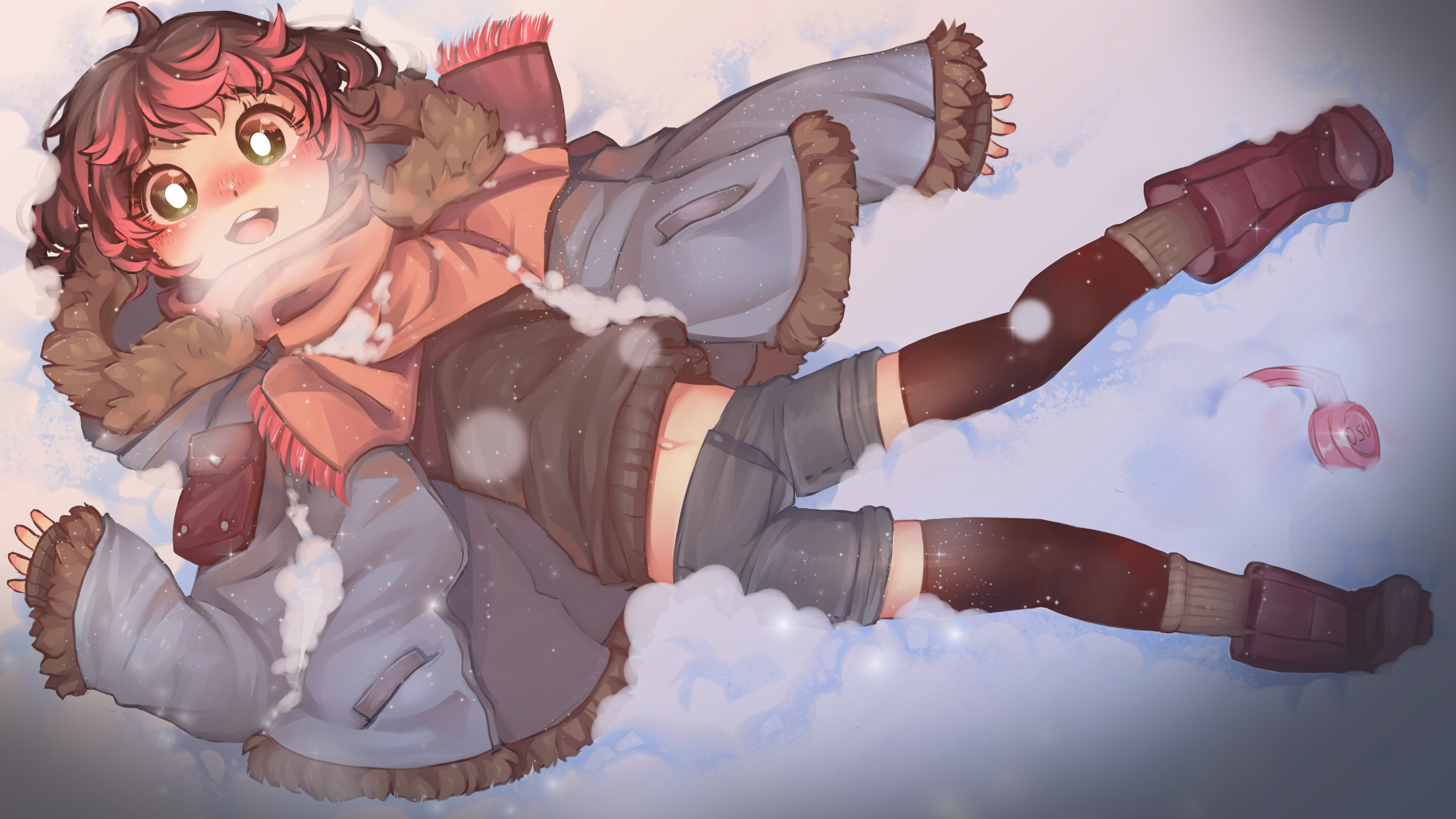 kitsu (skydiverfox), pippi (osu!), osu!, commentary, english commentary, highres, 1girl, black thighhighs, blue coat, blue shorts, blush, bob cut, boots, bright pupils, coat, fur-trimmed coat, fur trim, green eyes, headphones, looking at viewer, lying, midriff peek, navel, on back, open mouth, petite, pink hair, scarf, shorts, snow, socks, solo, thighhighs, unworn headphones, white pupils, winter clothes, winter coat
