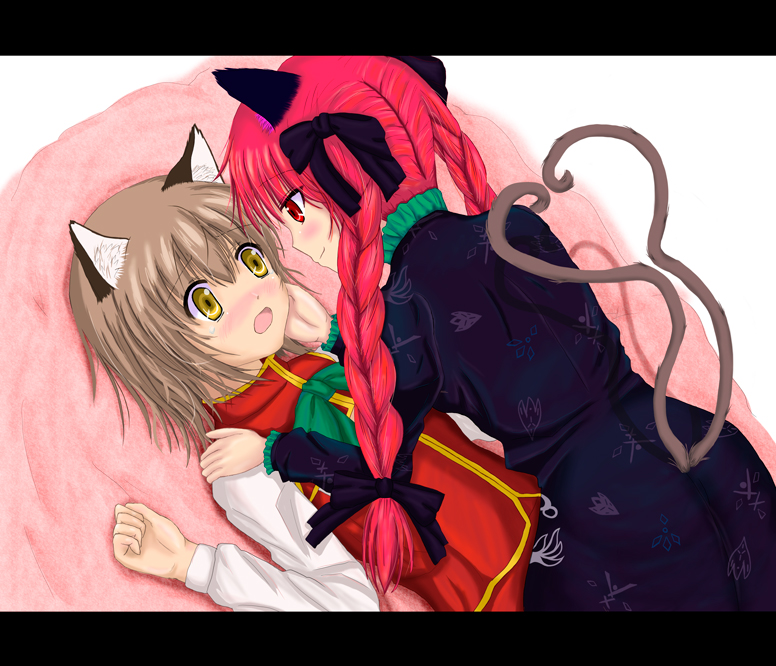 minami nanaki, nanaki, chen, kaenbyou rin, touhou, bad id, bad pixiv id, 2girls, animal ears, blush, braid, brown hair, cat ears, cat girl, cat tail, female focus, hair ribbon, heart, heart tail, letterboxed, multiple girls, multiple tails, nekomata, red eyes, red hair, ribbon, short hair, tail, twin braids, two tails, yellow eyes, yuri